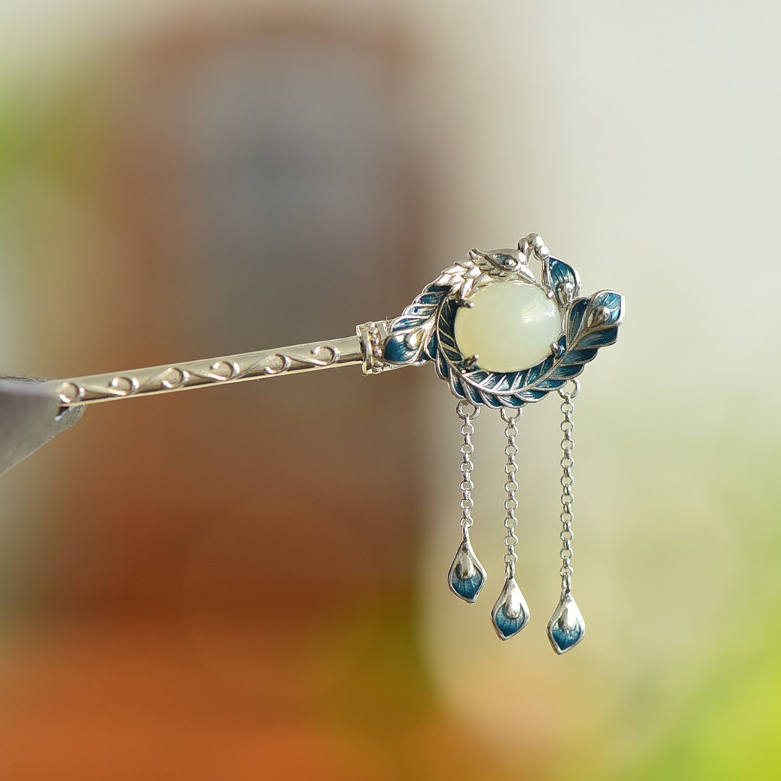 An Exquisite Sterling Silver Inlaid White Jade Hairpin - 4