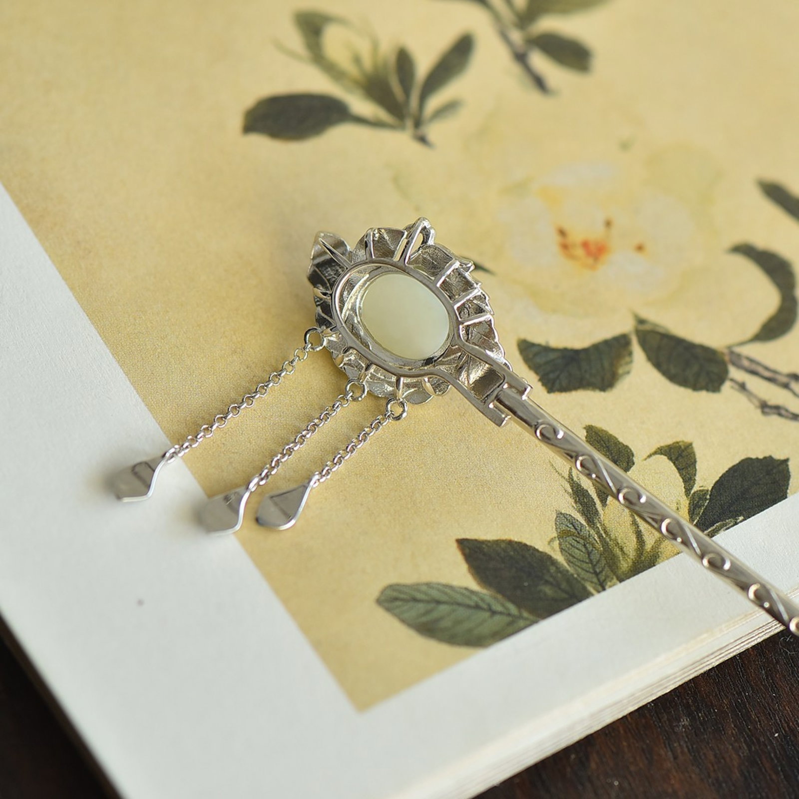 An Exquisite Sterling Silver Inlaid White Jade Hairpin - 5