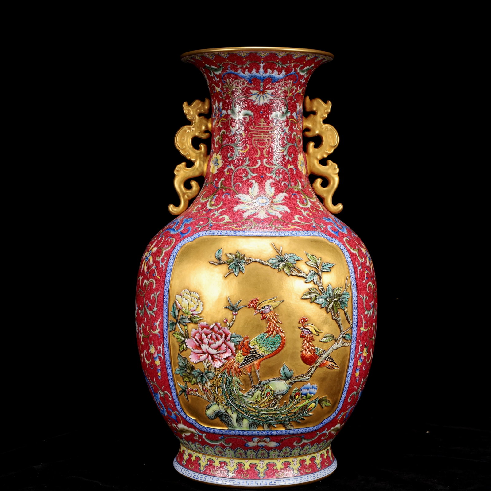 A Huge Famille-Rose Red Ground Painted Gold Flower and Bird Pattern Dragon-Ears Vase - 10