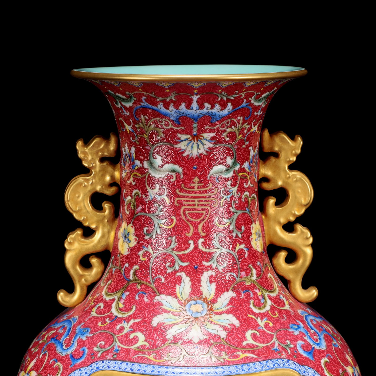 A Huge Famille-Rose Red Ground Painted Gold Flower and Bird Pattern Dragon-Ears Vase - 11