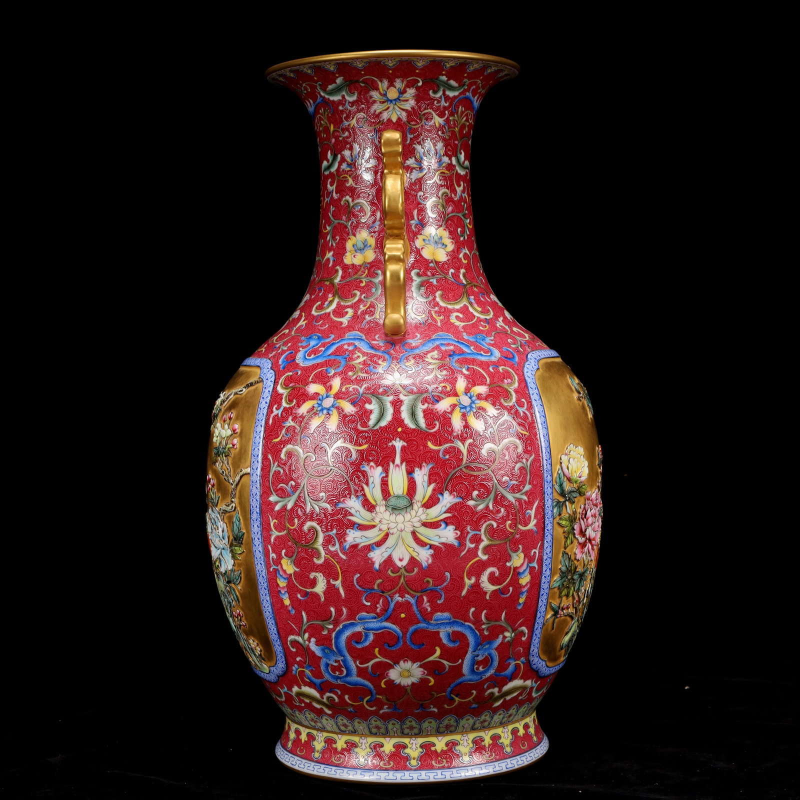 A Huge Famille-Rose Red Ground Painted Gold Flower and Bird Pattern Dragon-Ears Vase - 13