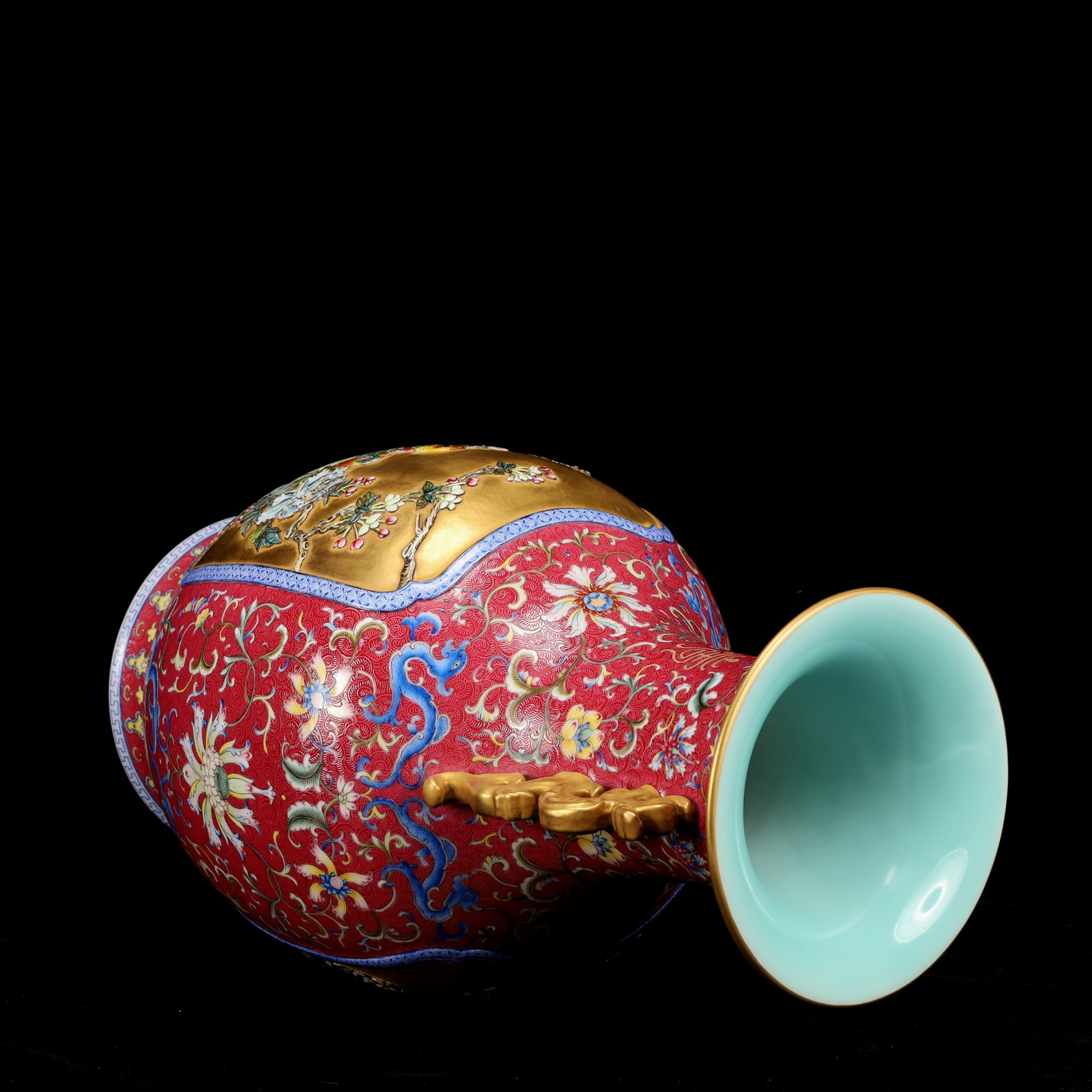 A Huge Famille-Rose Red Ground Painted Gold Flower and Bird Pattern Dragon-Ears Vase - 14