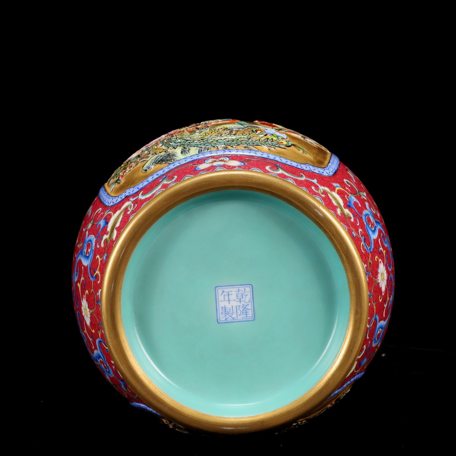 A Huge Famille-Rose Red Ground Painted Gold Flower and Bird Pattern Dragon-Ears Vase - 15