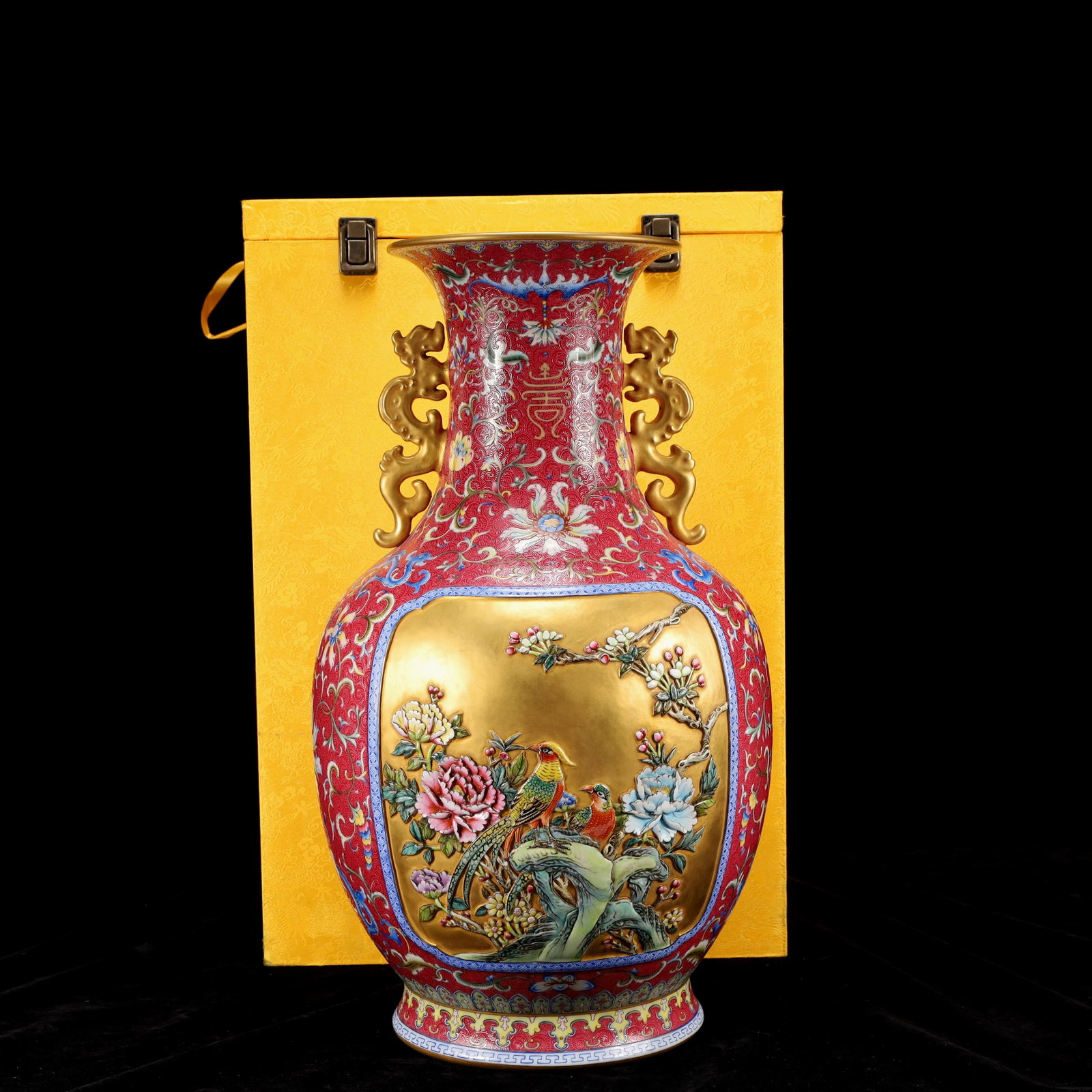 A Huge Famille-Rose Red Ground Painted Gold Flower and Bird Pattern Dragon-Ears Vase: Estimated Value:8400-16800 A Huge Famille-Rose Red Ground Painted Gold Flower and Bird Pattern Dragon-Ears Vase,Qing Dynasty, China,Qianlong Six-character Mark,Size:9.4inx9.4inx18.5in