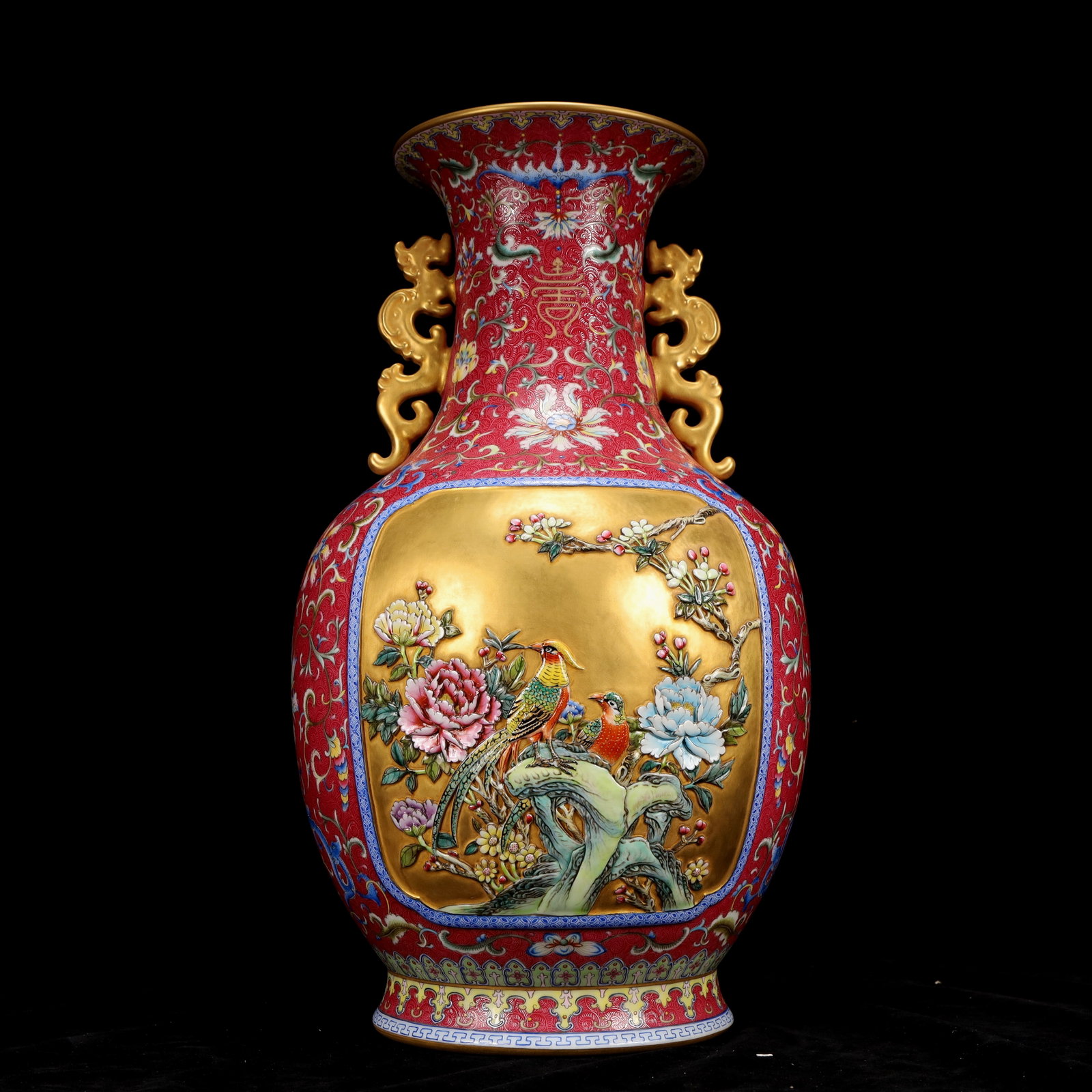 A Huge Famille-Rose Red Ground Painted Gold Flower and Bird Pattern Dragon-Ears Vase - 2