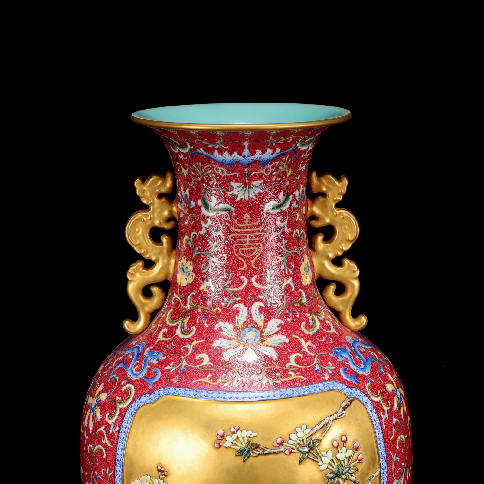 A Huge Famille-Rose Red Ground Painted Gold Flower and Bird Pattern Dragon-Ears Vase - 3