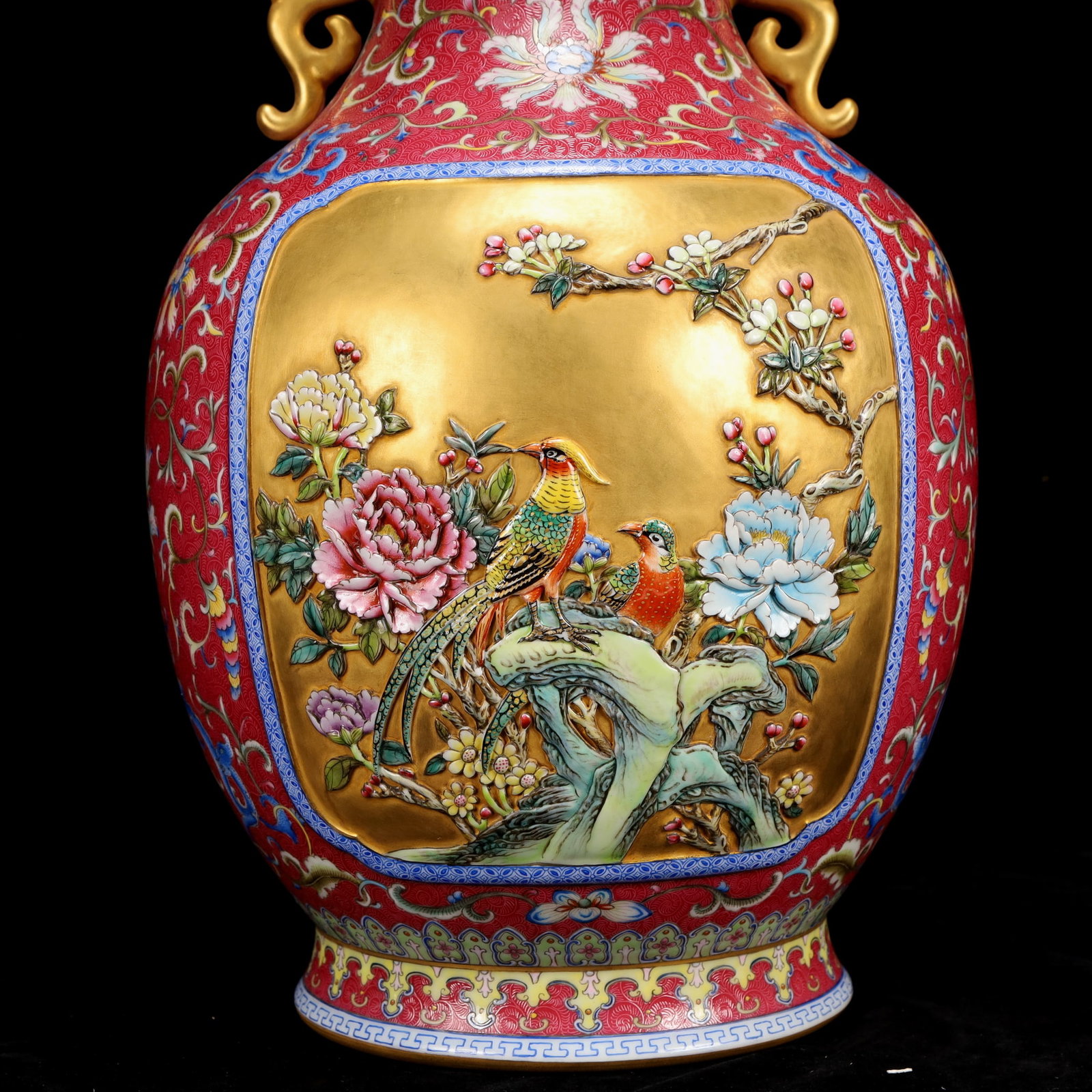 A Huge Famille-Rose Red Ground Painted Gold Flower and Bird Pattern Dragon-Ears Vase - 4