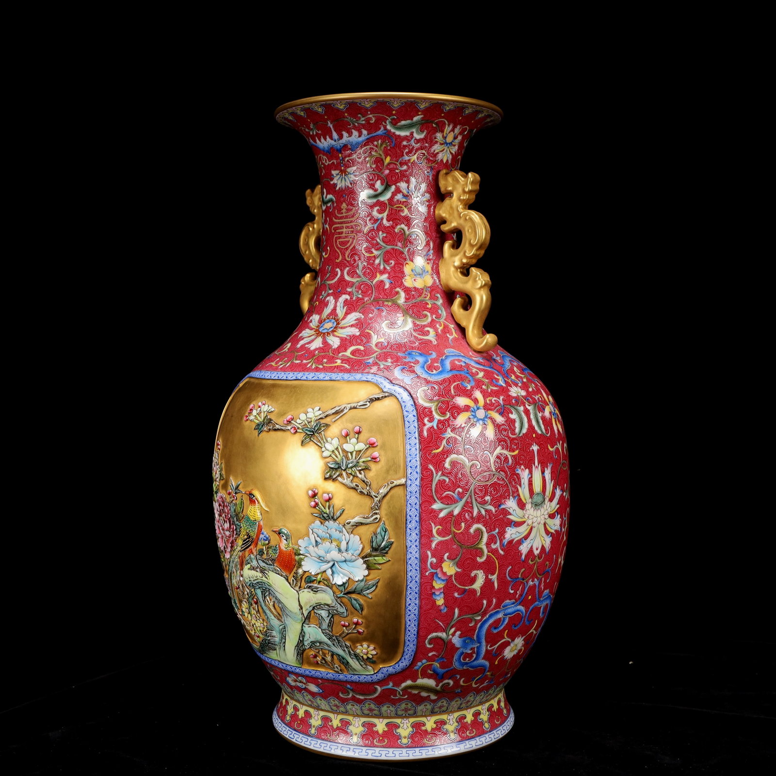 A Huge Famille-Rose Red Ground Painted Gold Flower and Bird Pattern Dragon-Ears Vase - 5