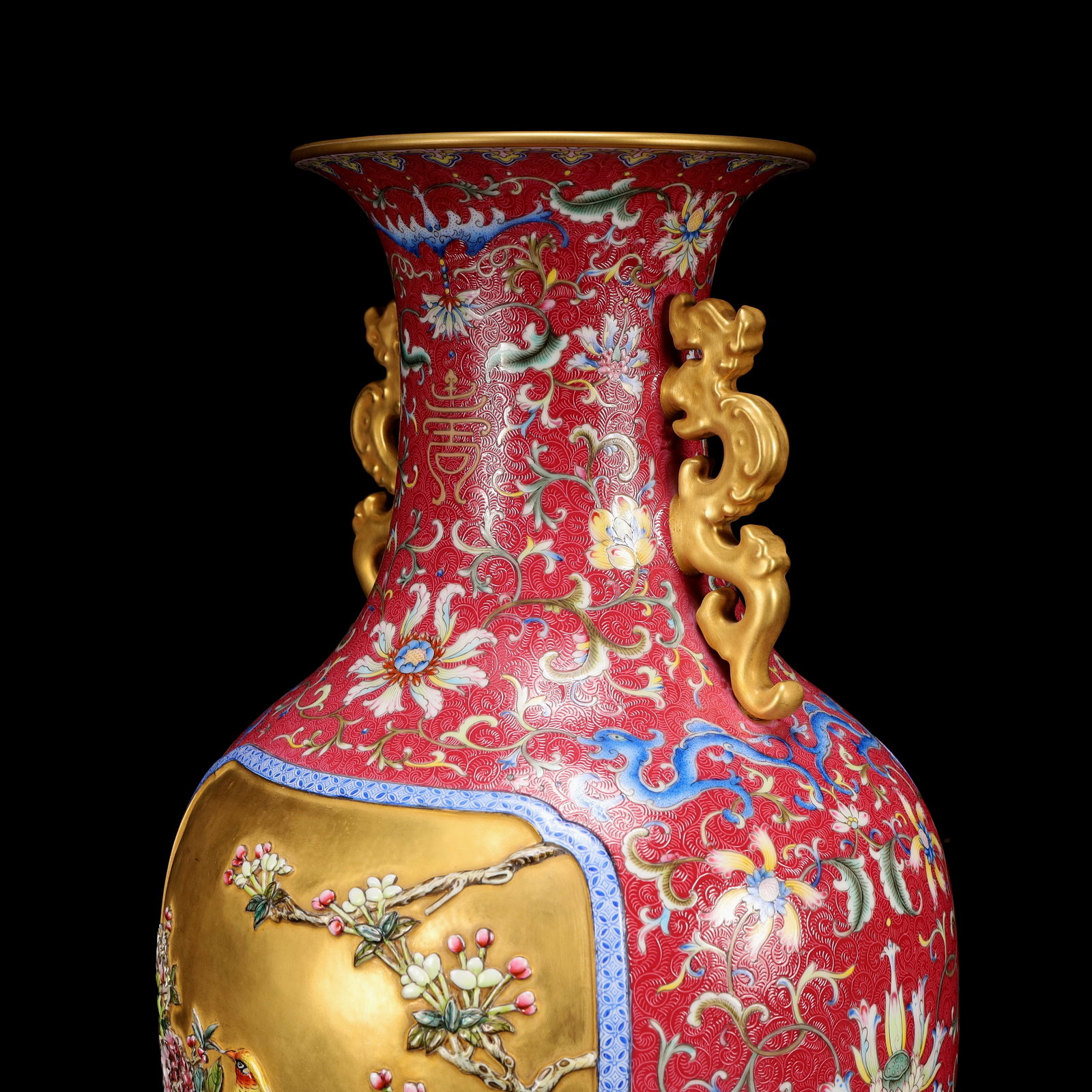 A Huge Famille-Rose Red Ground Painted Gold Flower and Bird Pattern Dragon-Ears Vase - 6