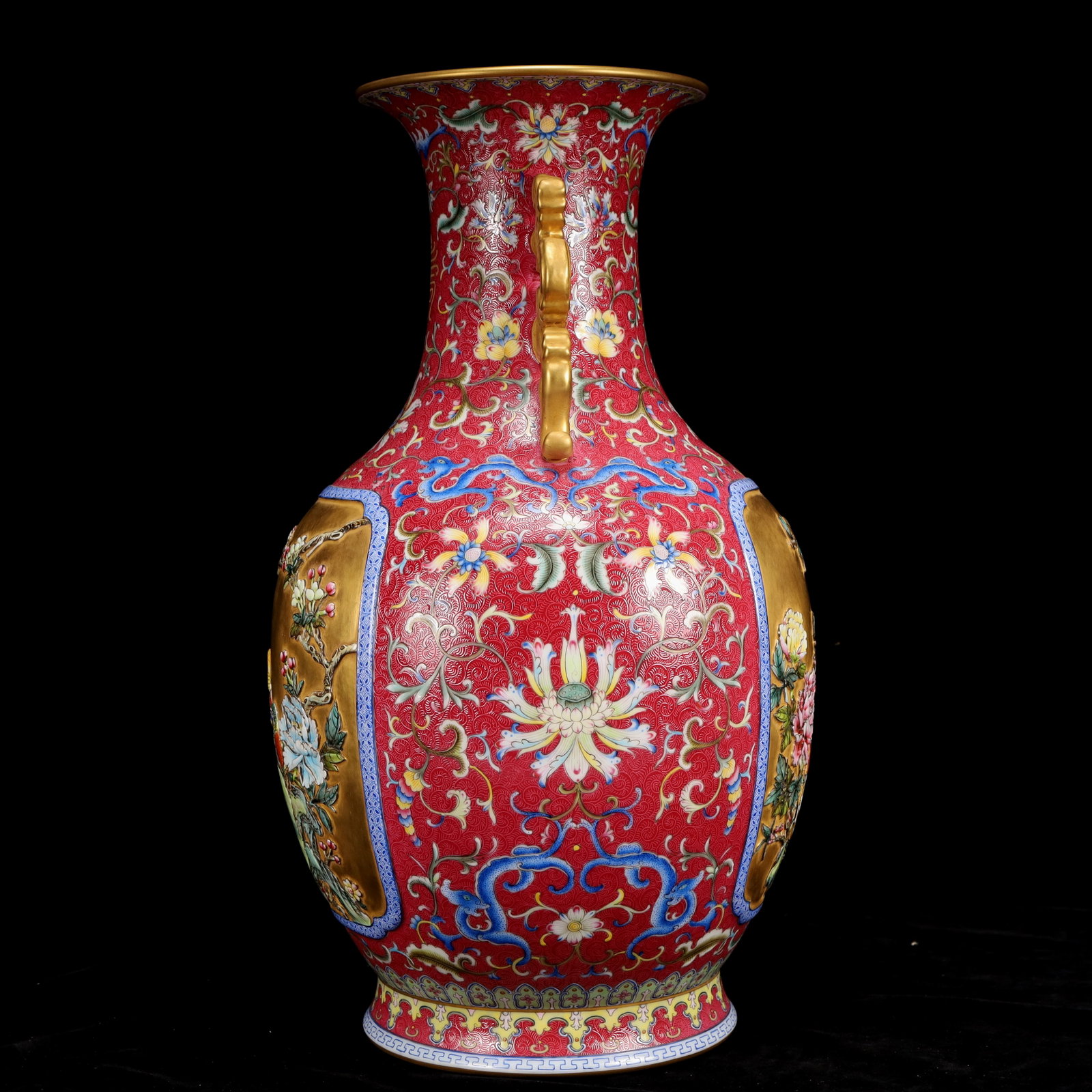 A Huge Famille-Rose Red Ground Painted Gold Flower and Bird Pattern Dragon-Ears Vase - 8