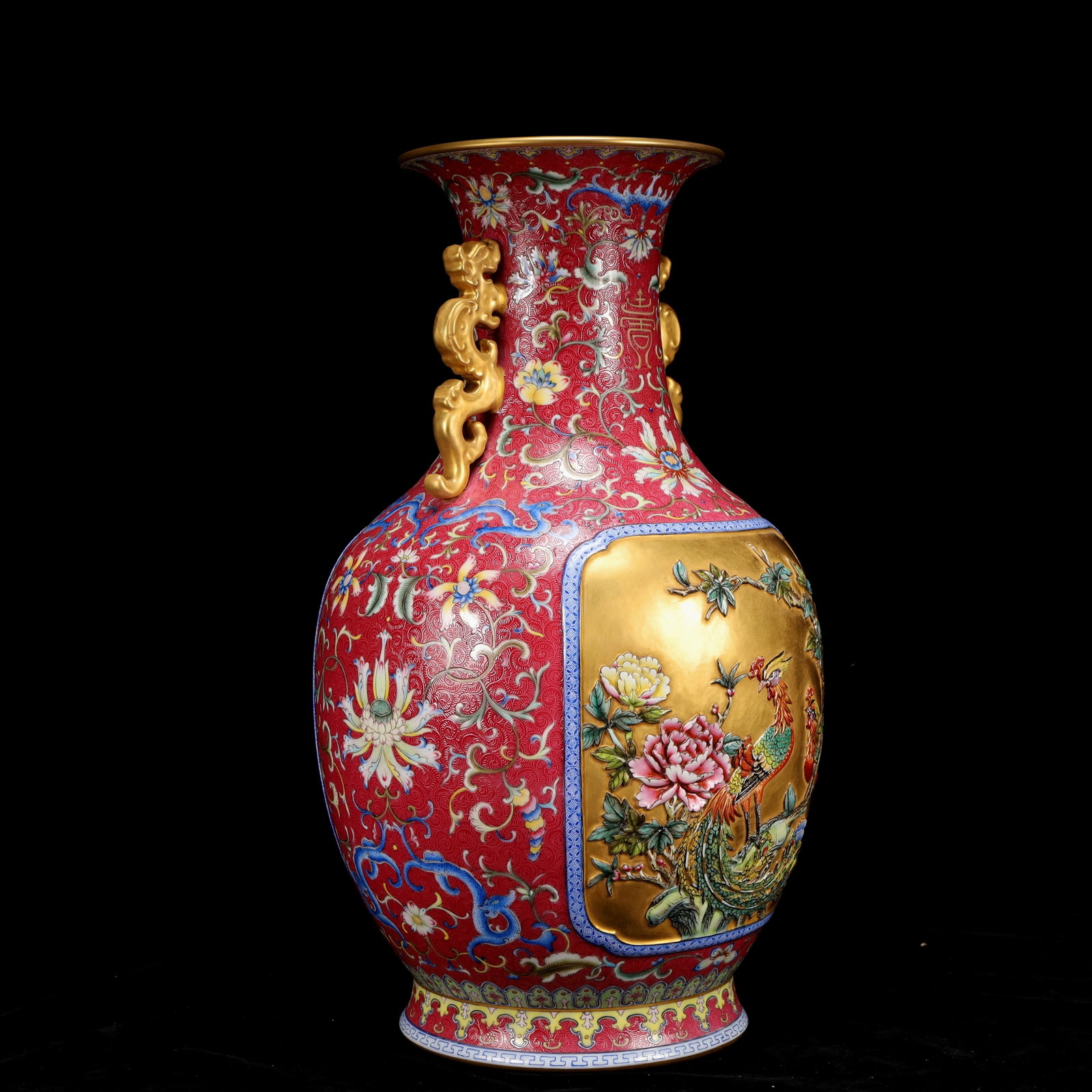 A Huge Famille-Rose Red Ground Painted Gold Flower and Bird Pattern Dragon-Ears Vase - 9