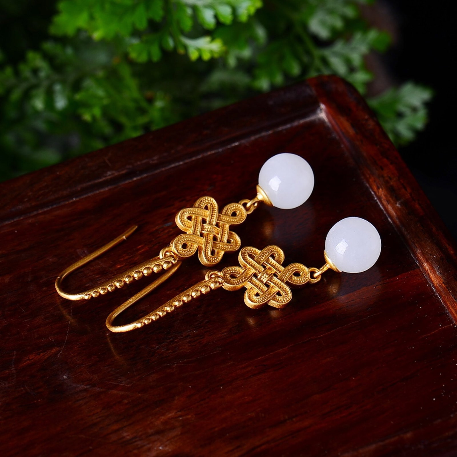 A Pair of Exquisite Sterling Silver-Gold Plated Inlaid White Jade Earrings - 3