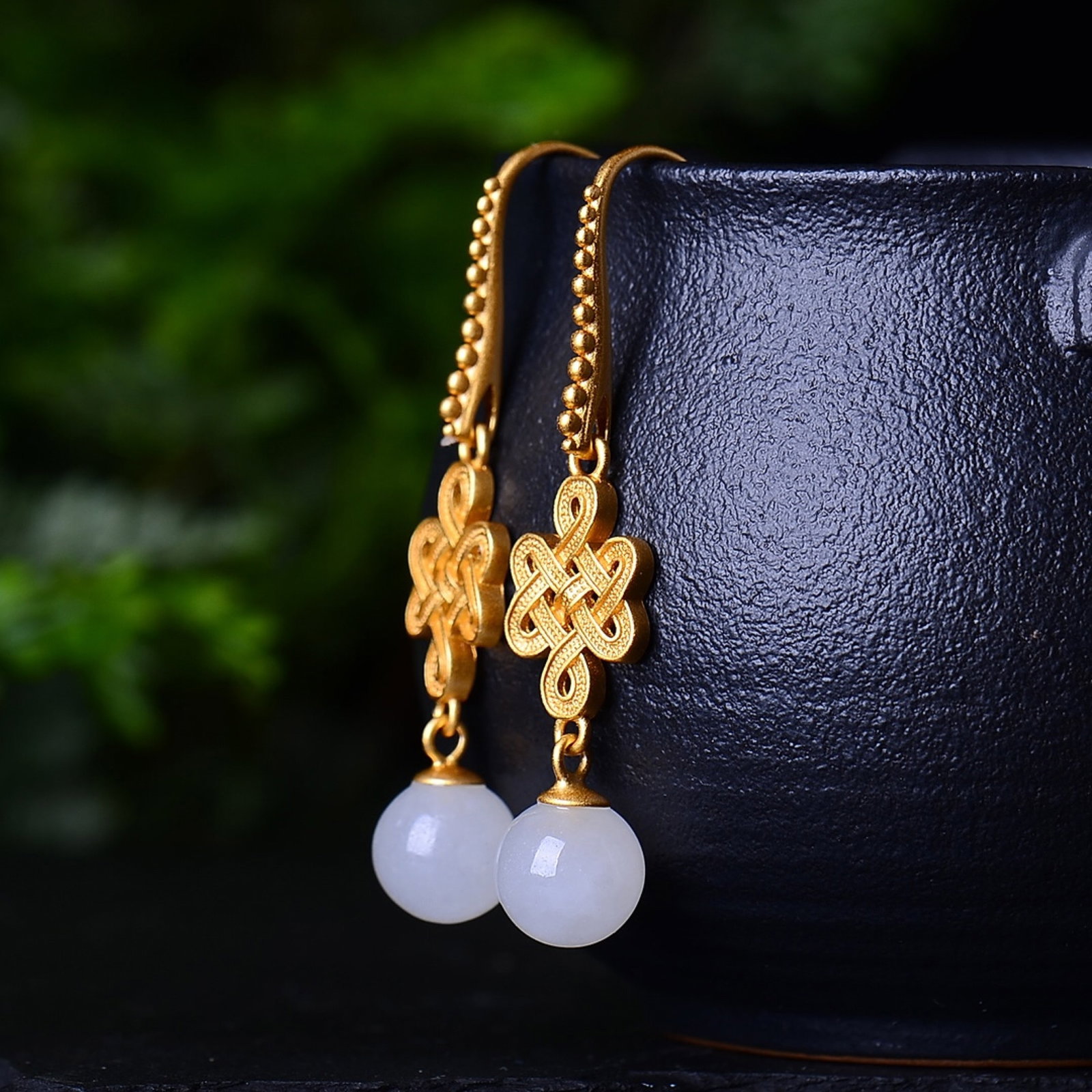 A Pair of Exquisite Sterling Silver-Gold Plated Inlaid White Jade Earrings - 4