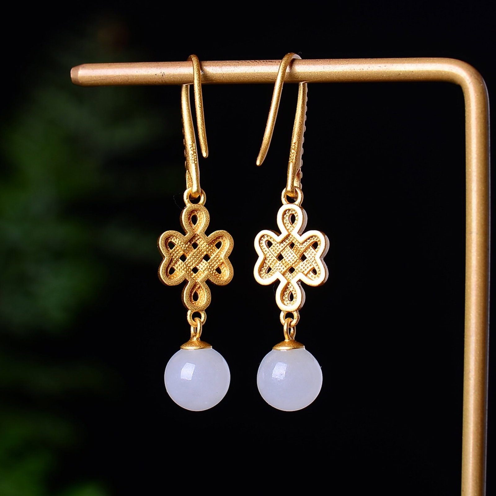 A Pair of Exquisite Sterling Silver-Gold Plated Inlaid White Jade Earrings - 5