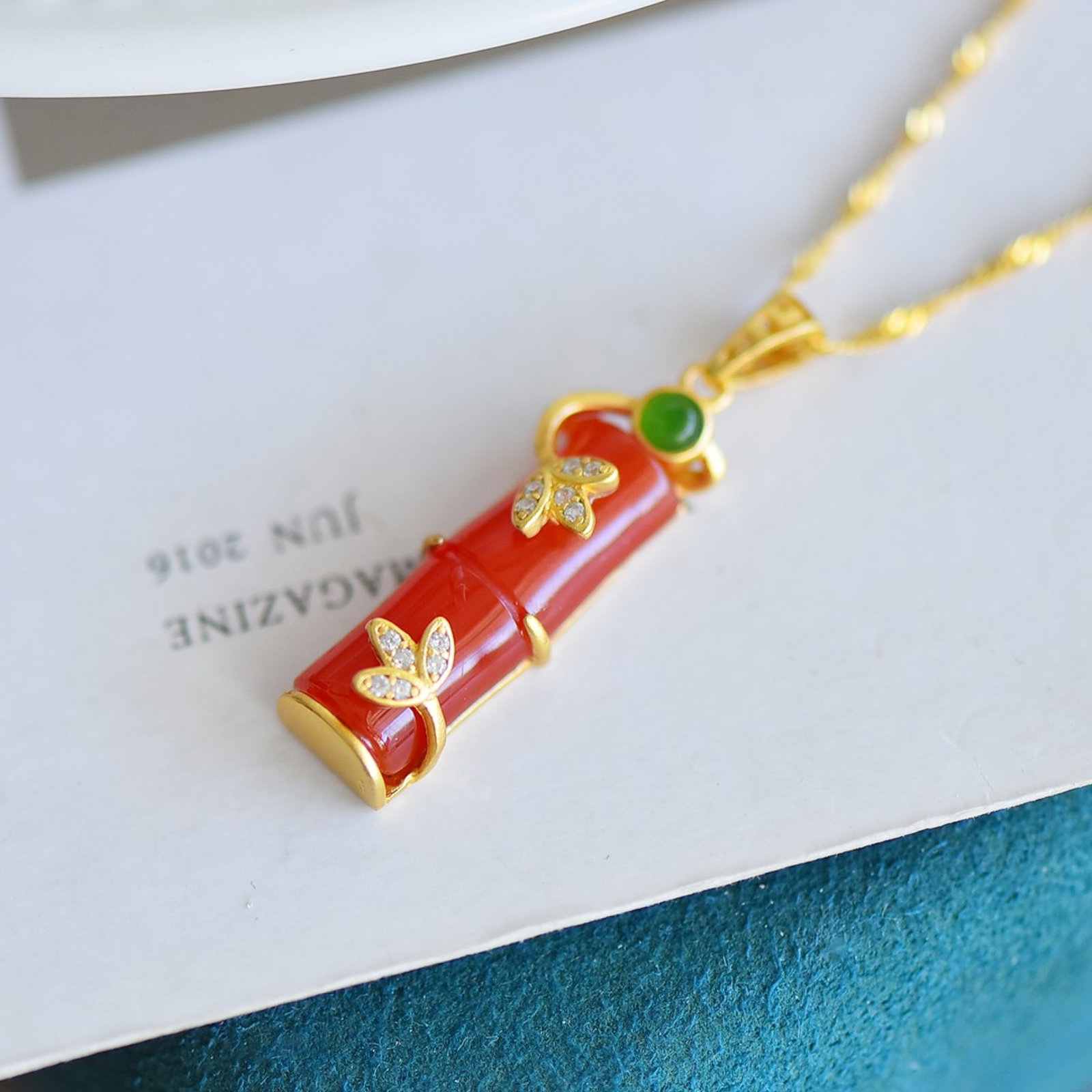 An Exquisite Sterling Silver-Gold Plated Inlaid Agate Pendant,Inlaid Diamond With Jasper - 2