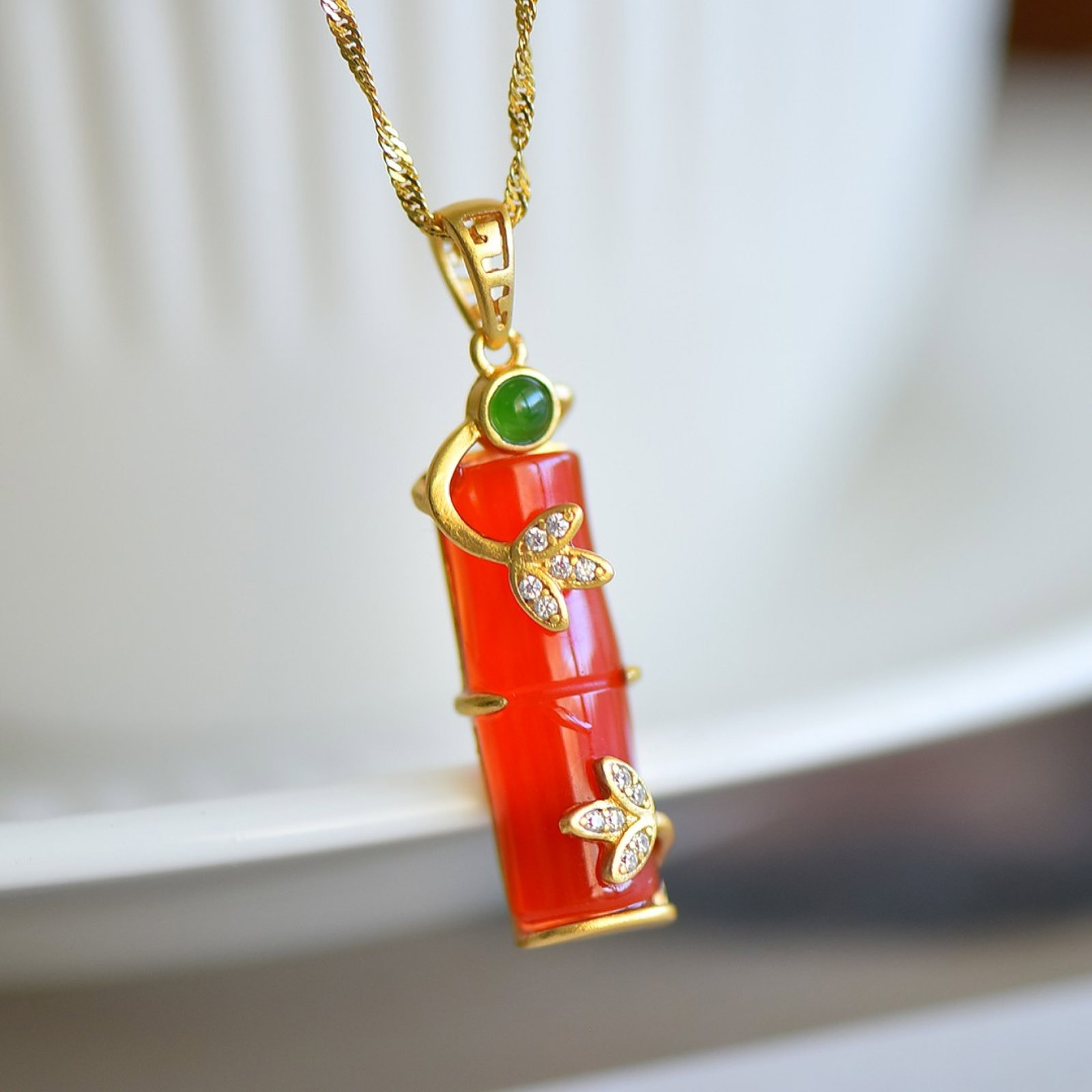 An Exquisite Sterling Silver-Gold Plated Inlaid Agate Pendant,Inlaid Diamond With Jasper - 3