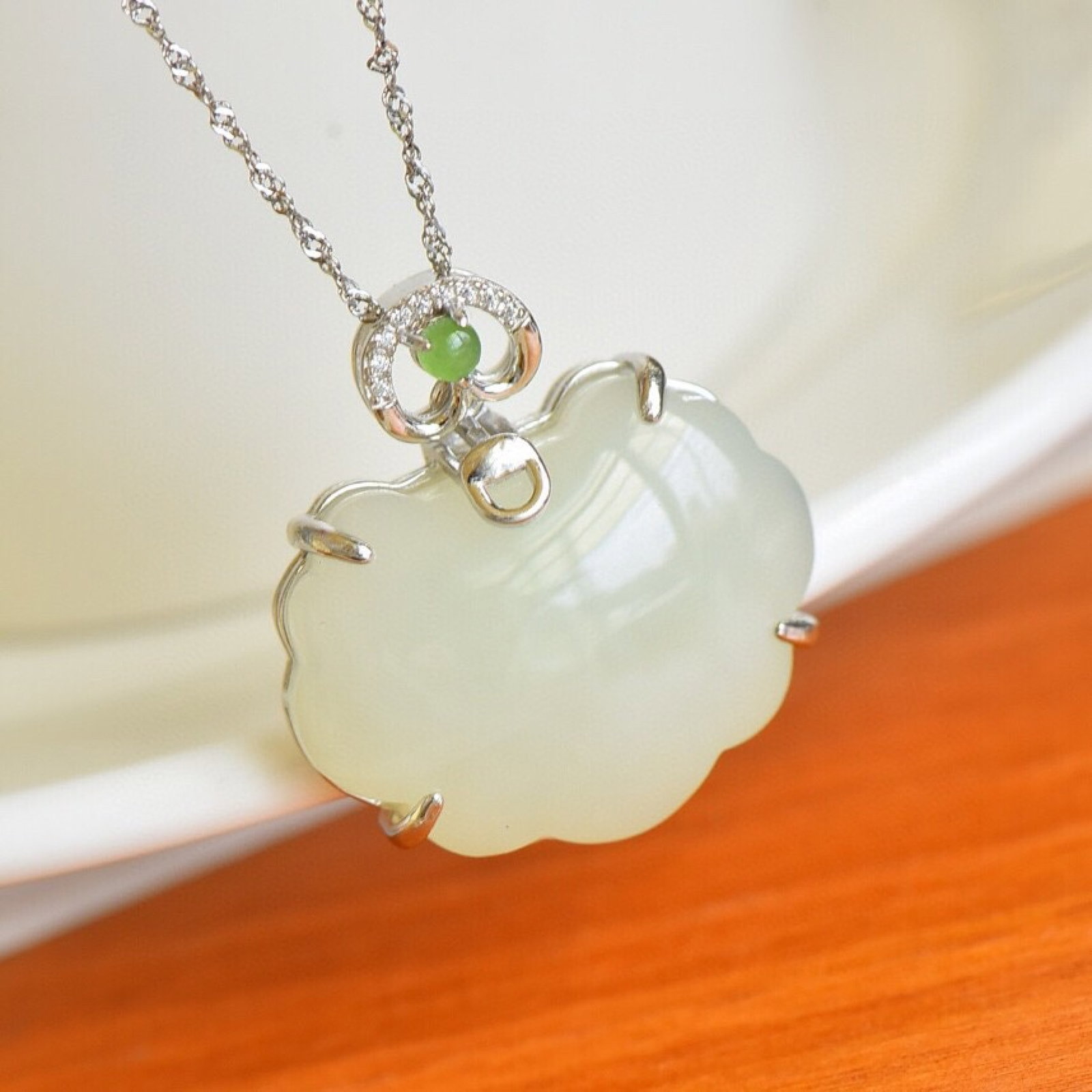 An Exquisite Sterling Silver Inlaid White Jade Pendant,Inlaid Jasper and Gems - 2