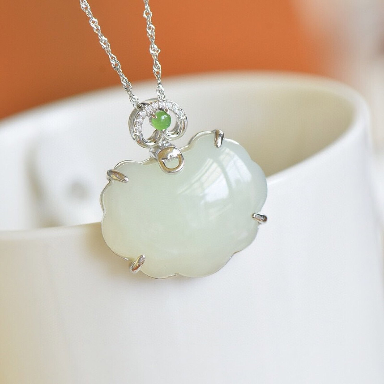 An Exquisite Sterling Silver Inlaid White Jade Pendant,Inlaid Jasper and Gems - 4