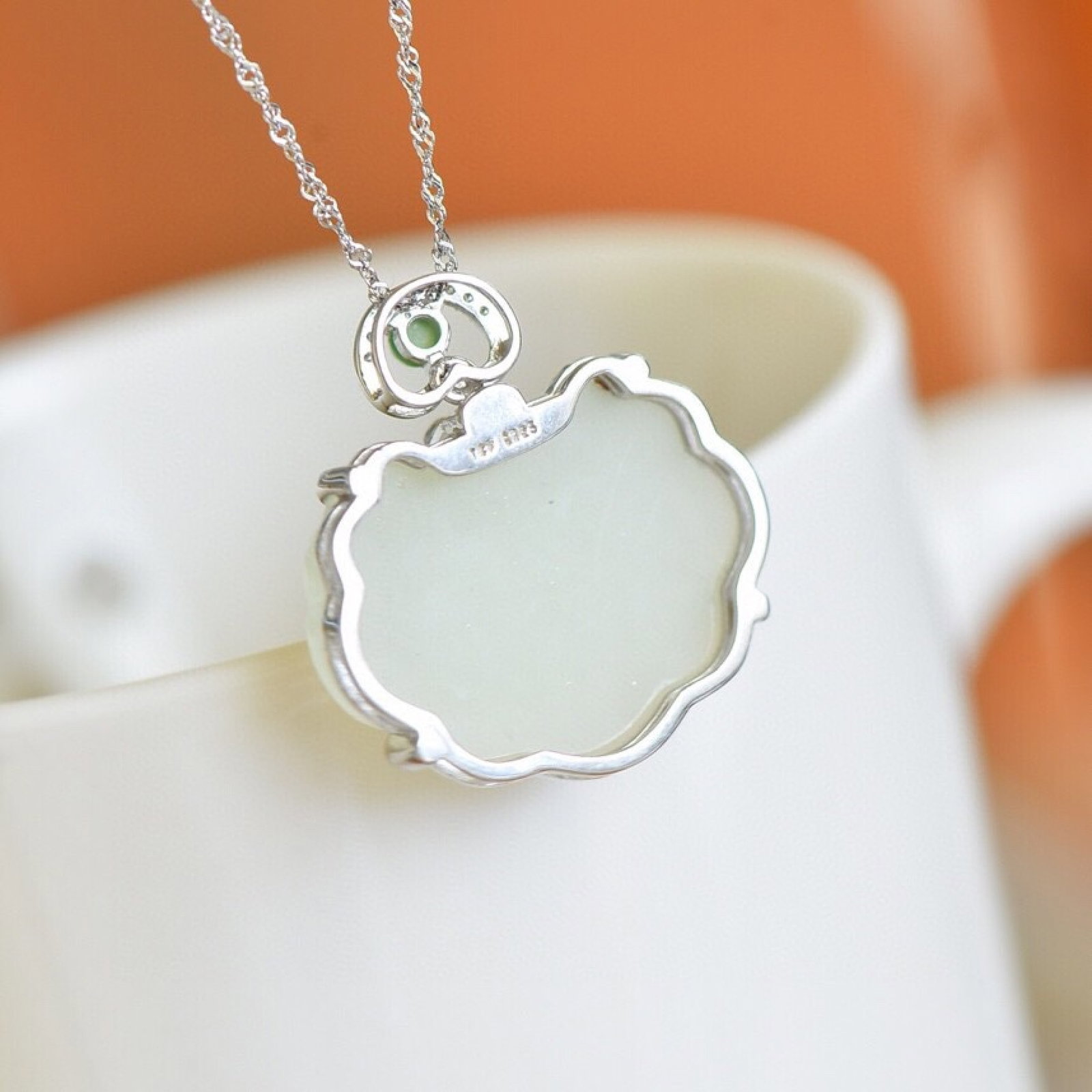 An Exquisite Sterling Silver Inlaid White Jade Pendant,Inlaid Jasper and Gems - 5