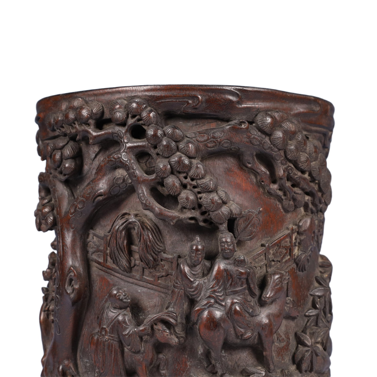 An Exquisite Redwood Landscape and Figure Pattern Brush Pot,With Poem,With Base - 2