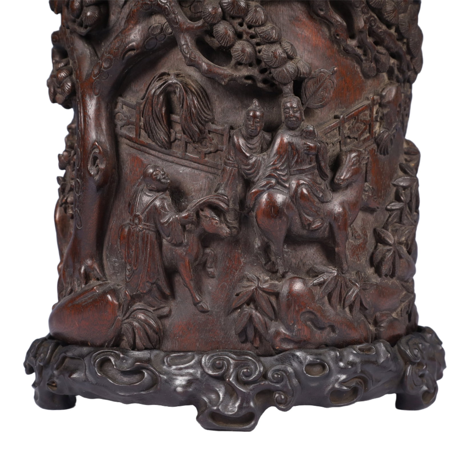 An Exquisite Redwood Landscape and Figure Pattern Brush Pot,With Poem,With Base - 3