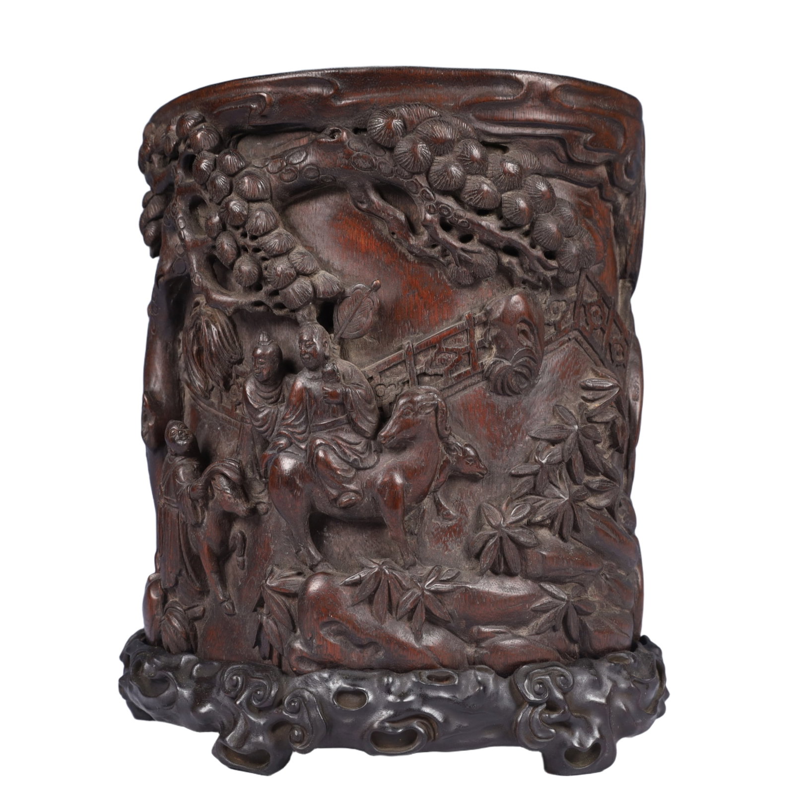 An Exquisite Redwood Landscape and Figure Pattern Brush Pot,With Poem,With Base - 4