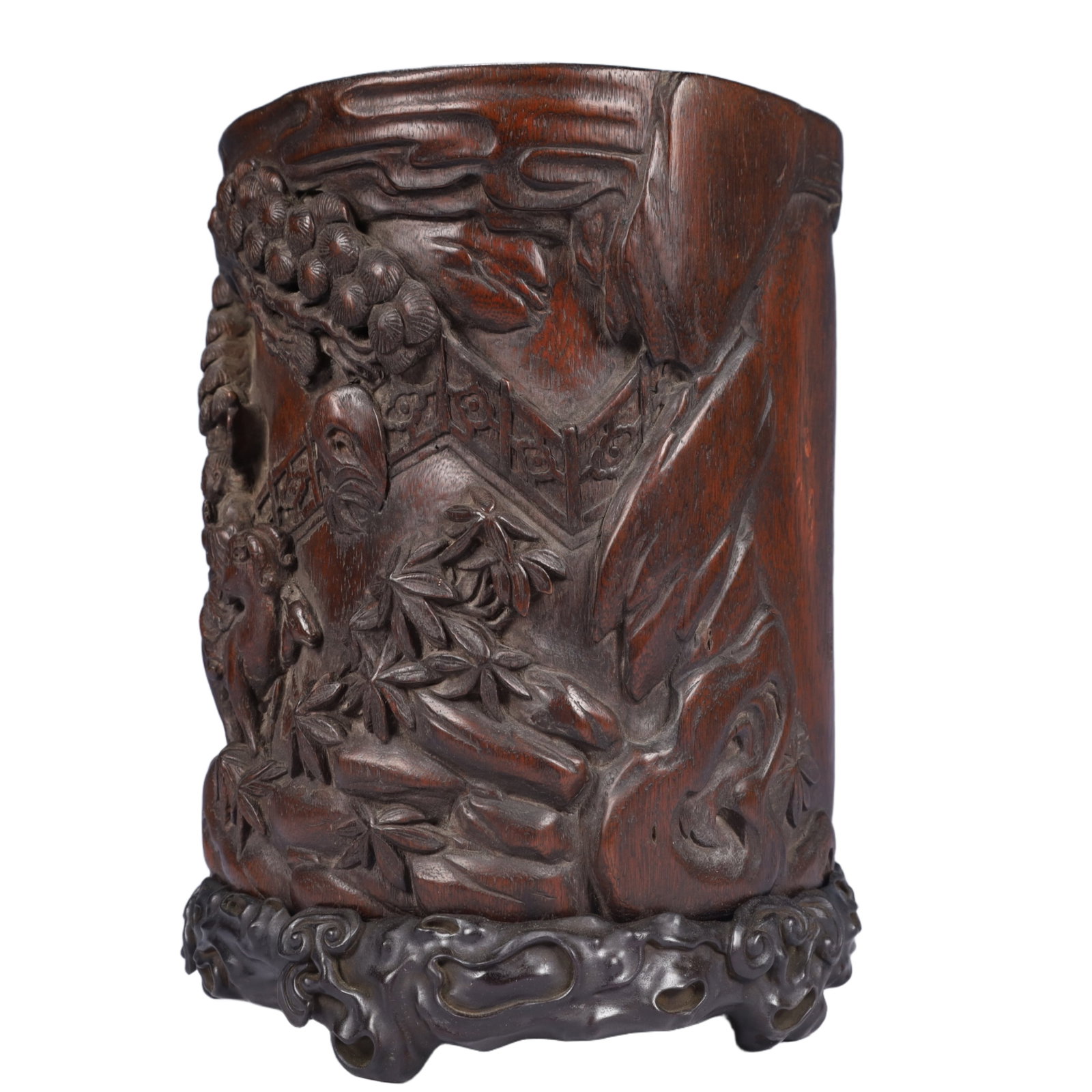 An Exquisite Redwood Landscape and Figure Pattern Brush Pot,With Poem,With Base - 5