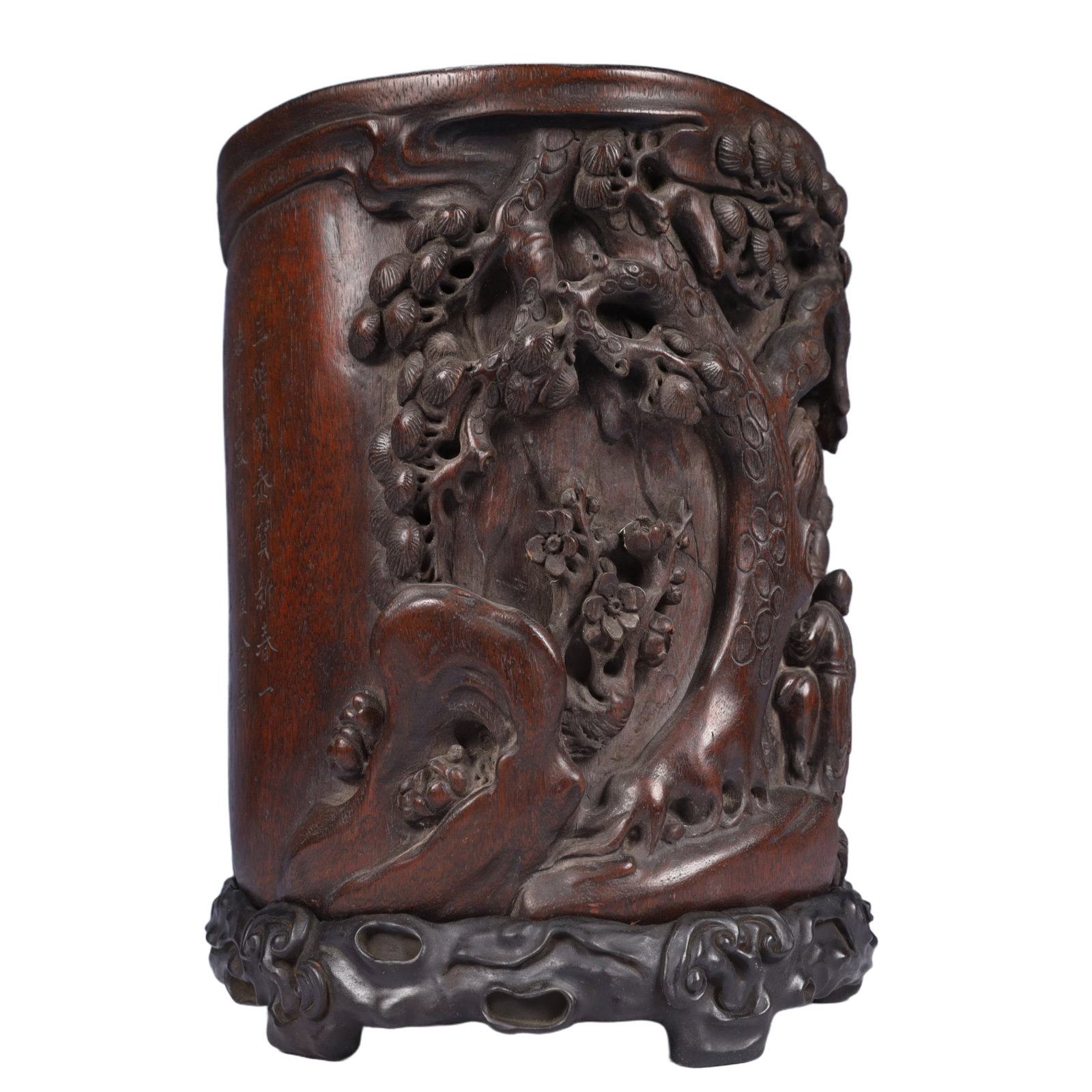 An Exquisite Redwood Landscape and Figure Pattern Brush Pot,With Poem,With Base - 7