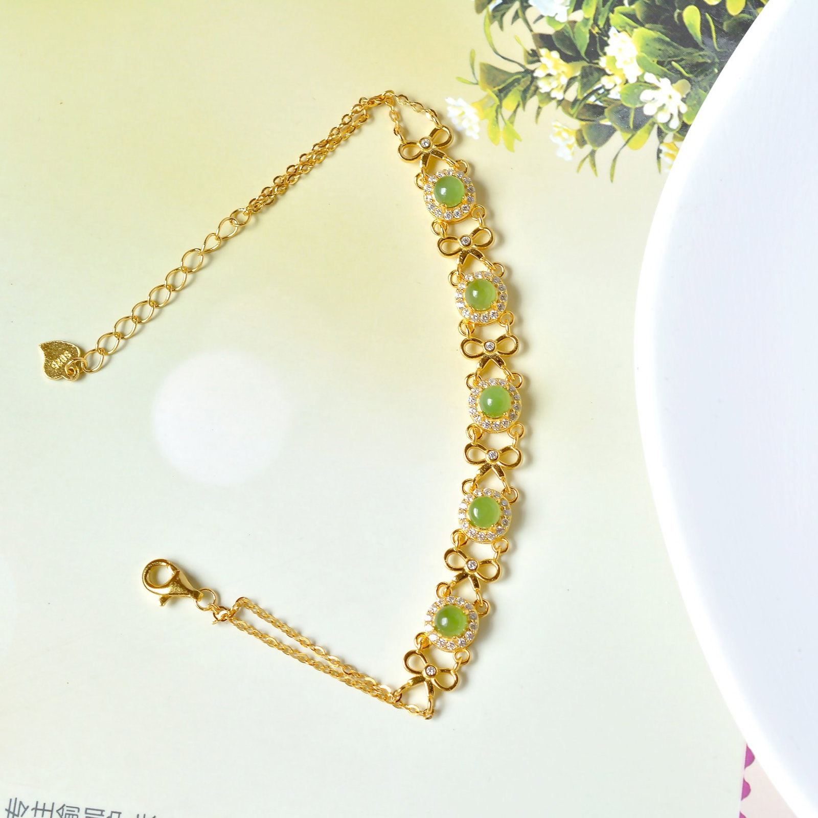 An Exquisite Sterling Silver-Gold Plated Inlaid Jasper Bracelets,Inlaid Diamond - 2