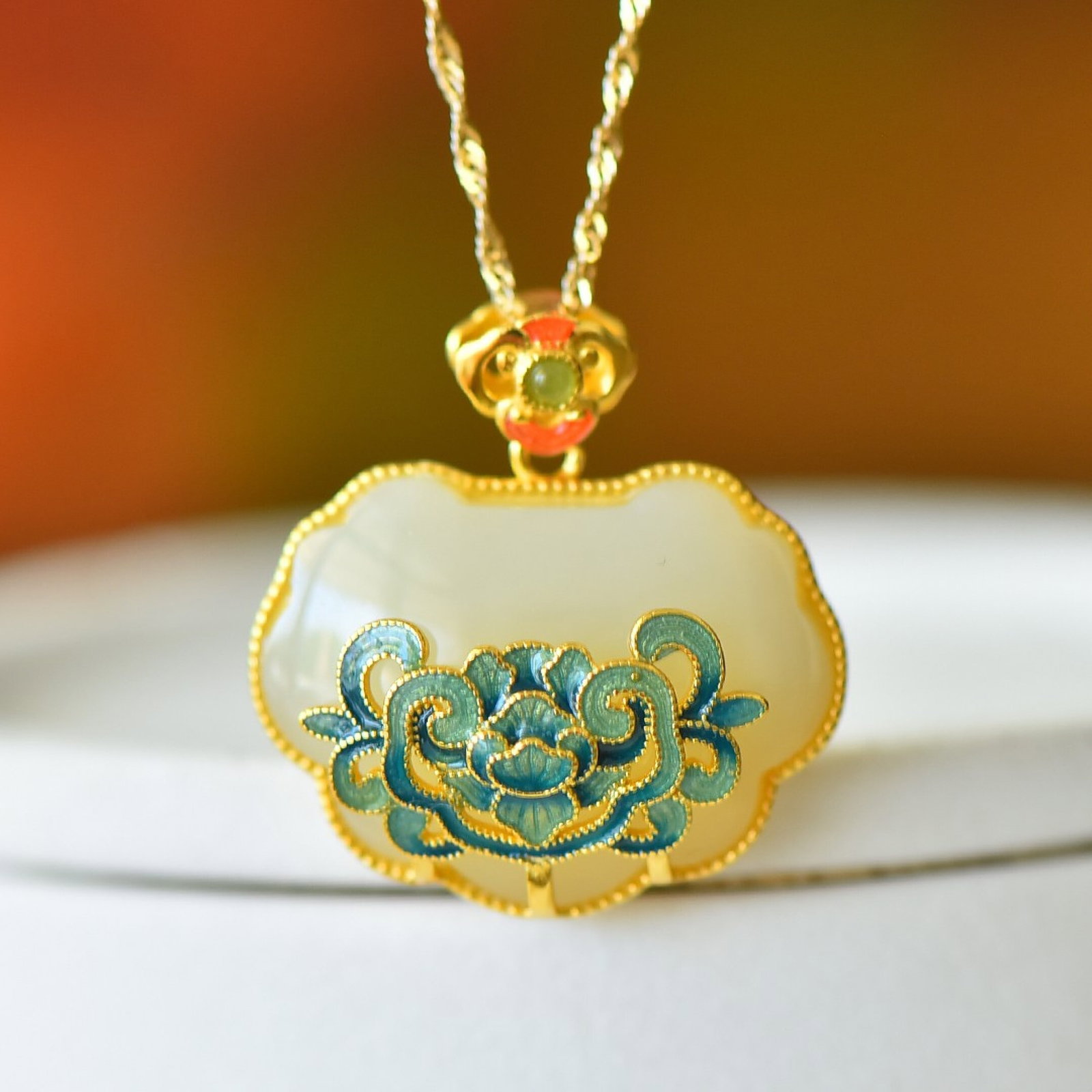 An Exquisite Sterling Silver-Gold Plated Inlaid White Jade Pendant - 2
