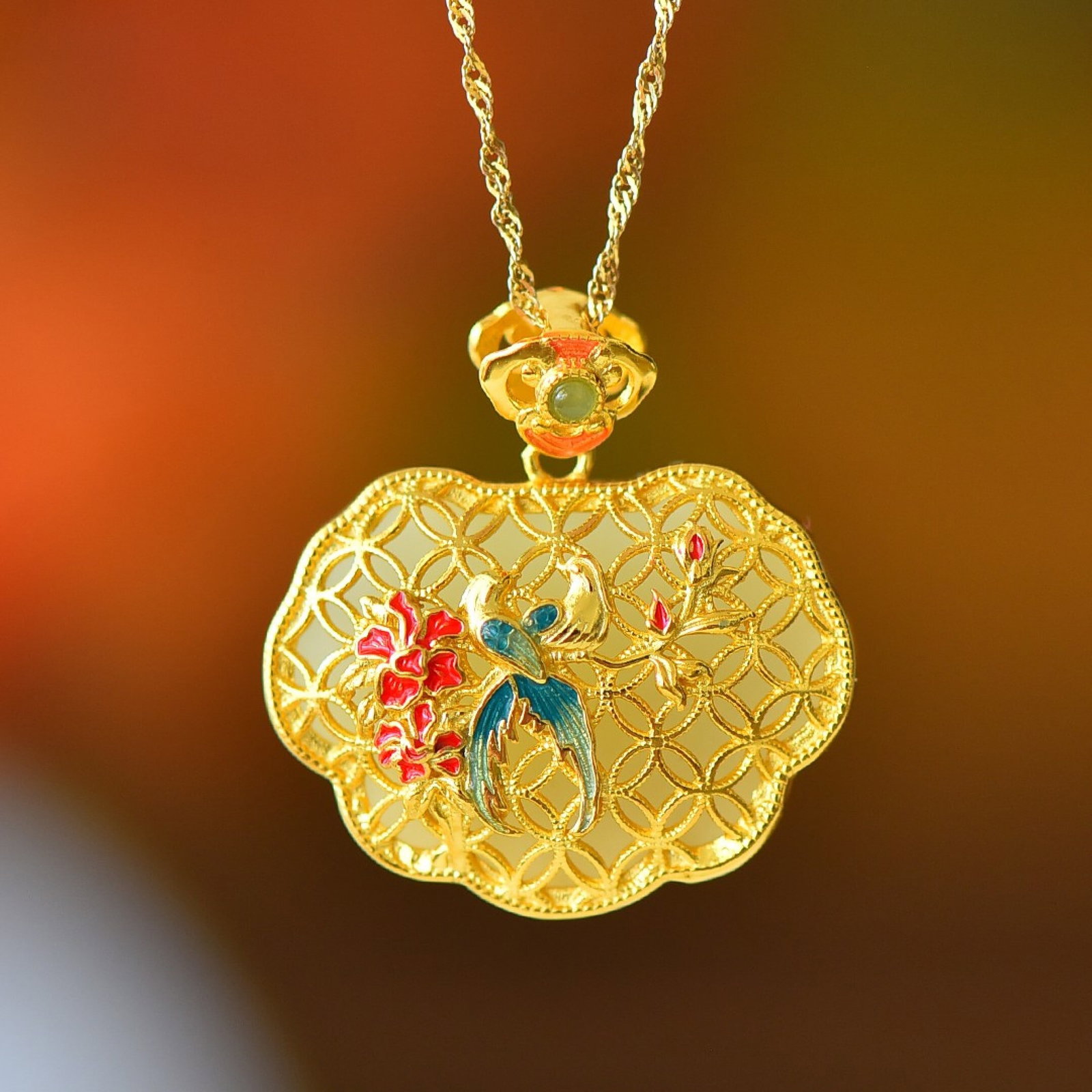 An Exquisite Sterling Silver-Gold Plated Inlaid White Jade Pendant - 5