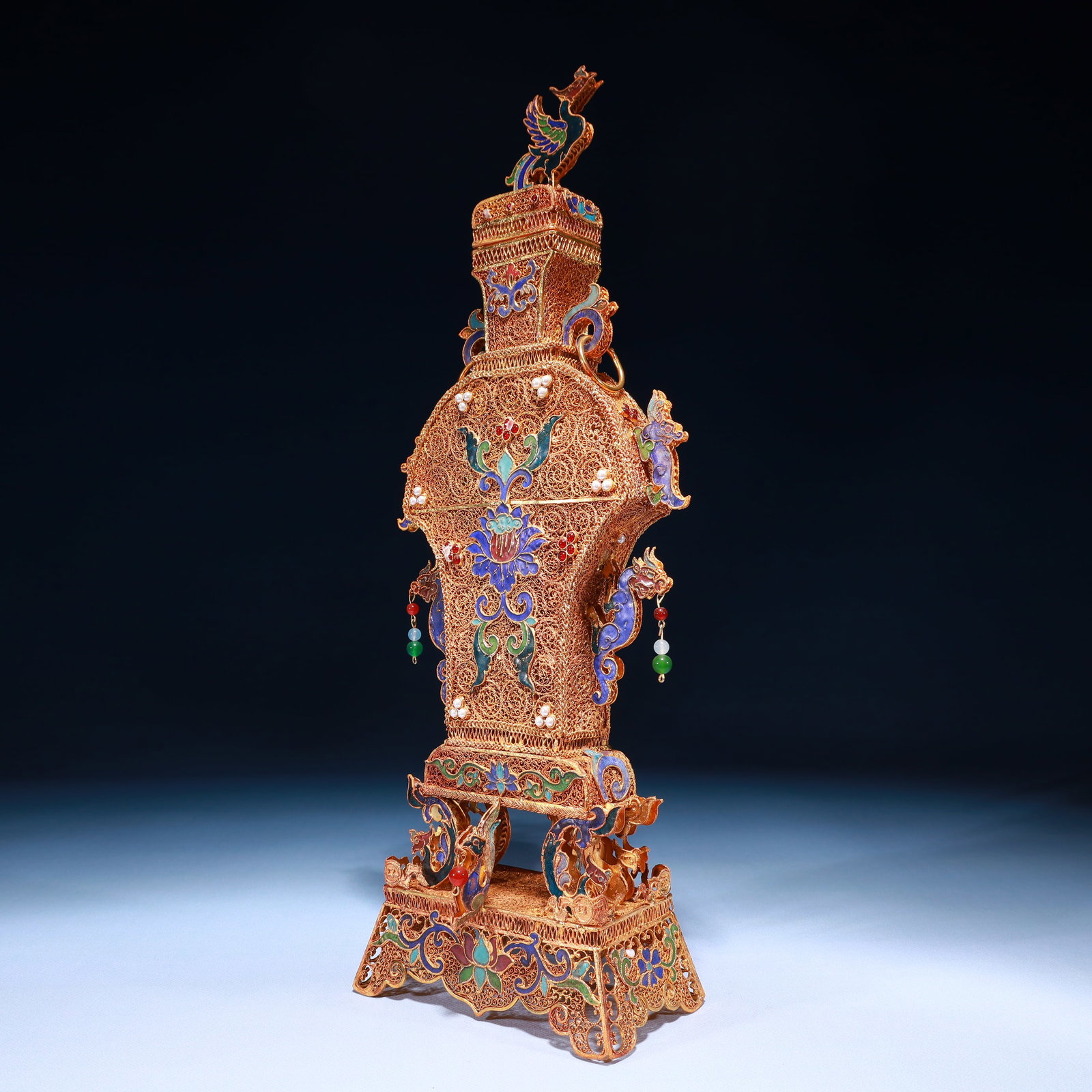 An Exquisite Filigree and Gilding Lotus Pattern Double-Ears Bottle,Inlaid Pearl - 4