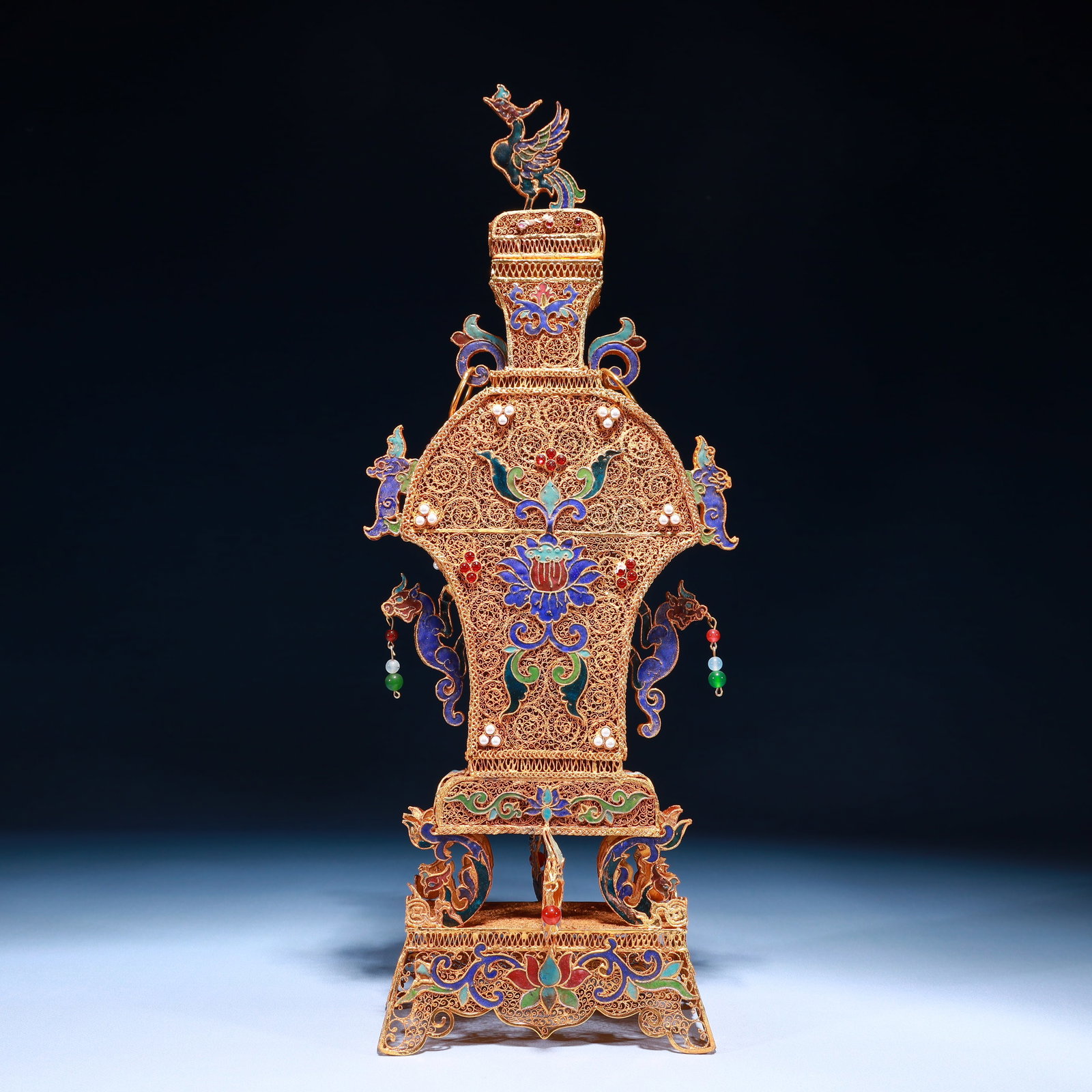 An Exquisite Filigree and Gilding Lotus Pattern Double-Ears Bottle,Inlaid Pearl - 7