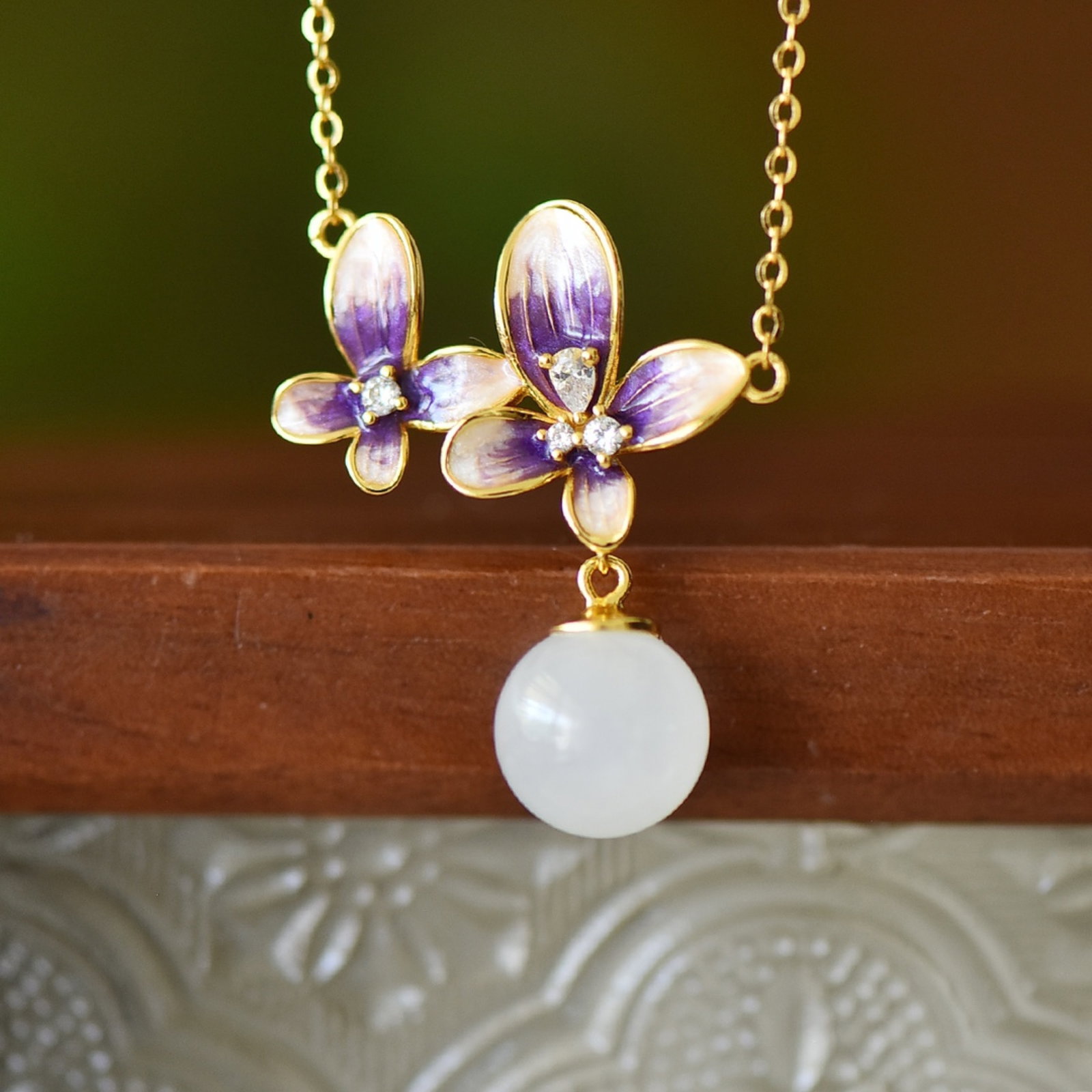 An Exquisite Sterling Silver-Gold Plated Inlaid White Jade Enamel Pendant - 2
