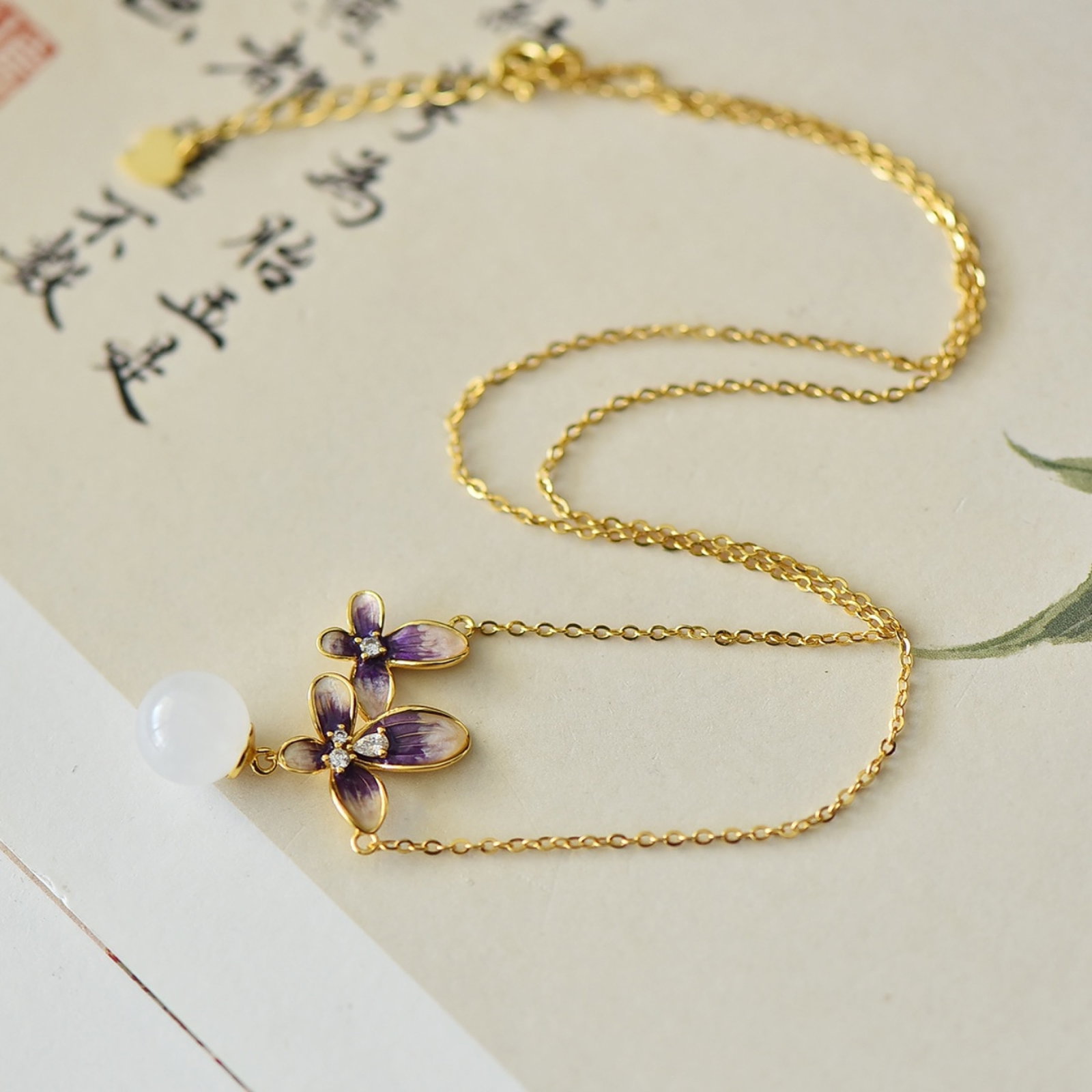 An Exquisite Sterling Silver-Gold Plated Inlaid White Jade Enamel Pendant - 4
