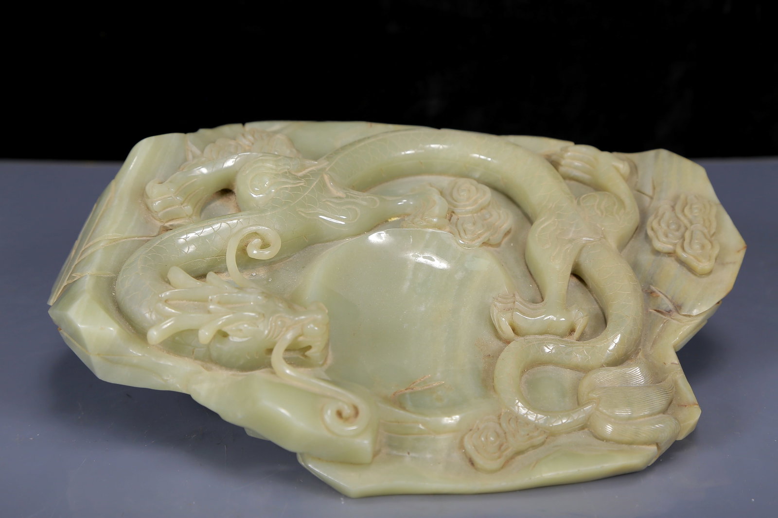 An Exquisite Greenish Jade Dragon Pattern Inkstone: Estimated Value:13000-26000 An Exquisite Greenish Jade Dragon Pattern Inkstone,Qing Dynasty, China,Size:9.8inx8.3inx2in,Weight:2550g