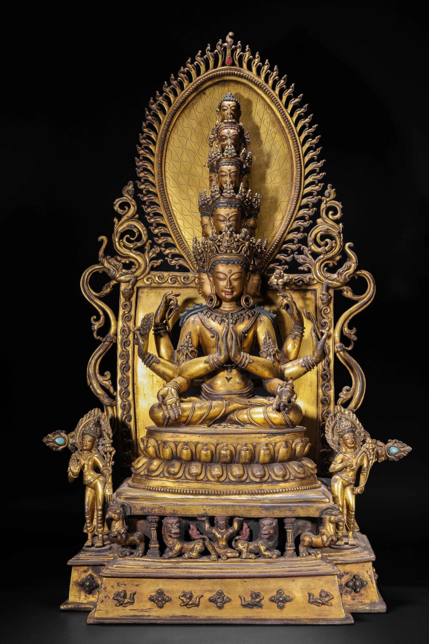 A Solemn Gilt Bronze Statue of Eleven-Headed and Six-Armed Guanyin,With Inscription - 2