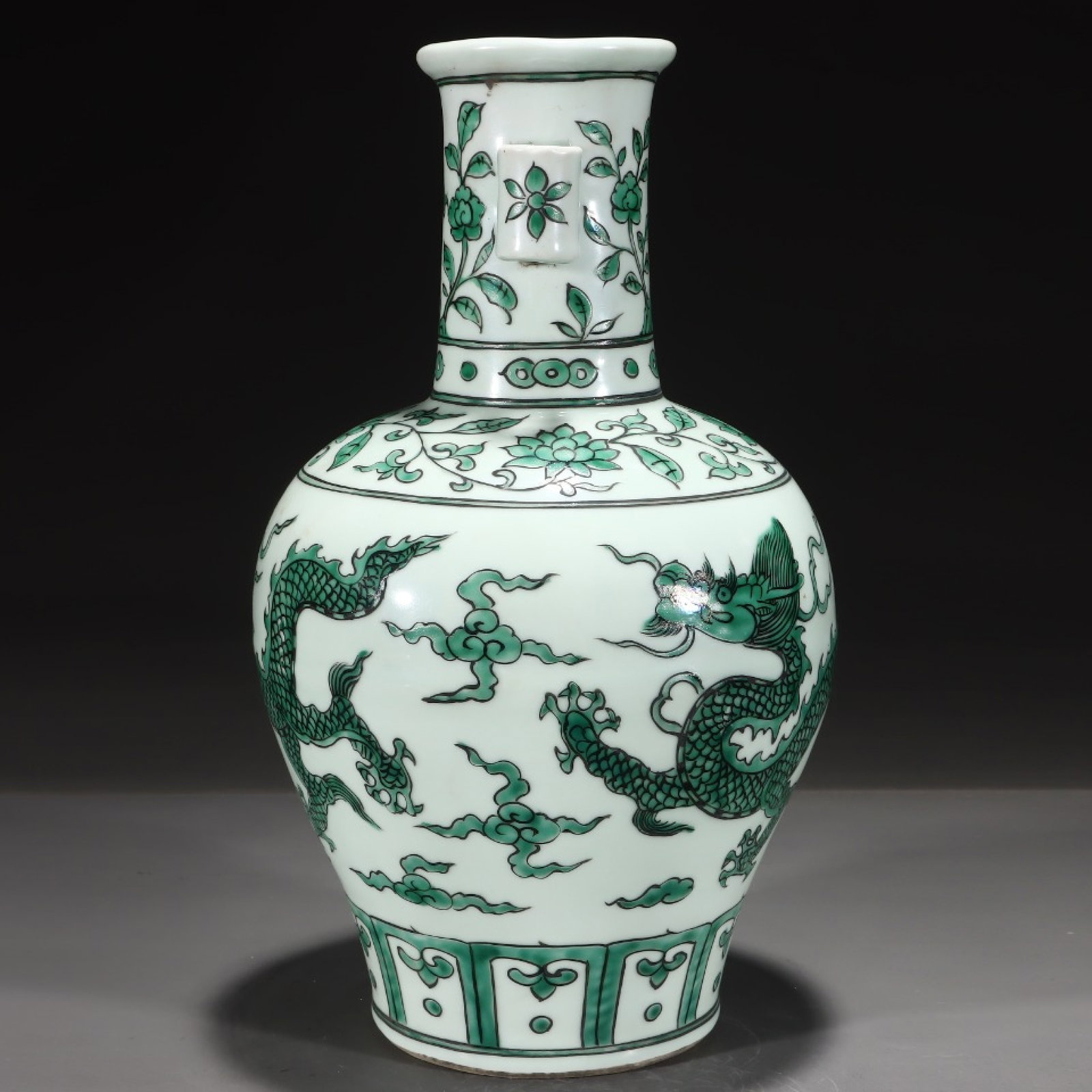 A Rare Green Color Lotus,Auspicious Cloud and Dragon Pattern Double-Ears Vase - 2