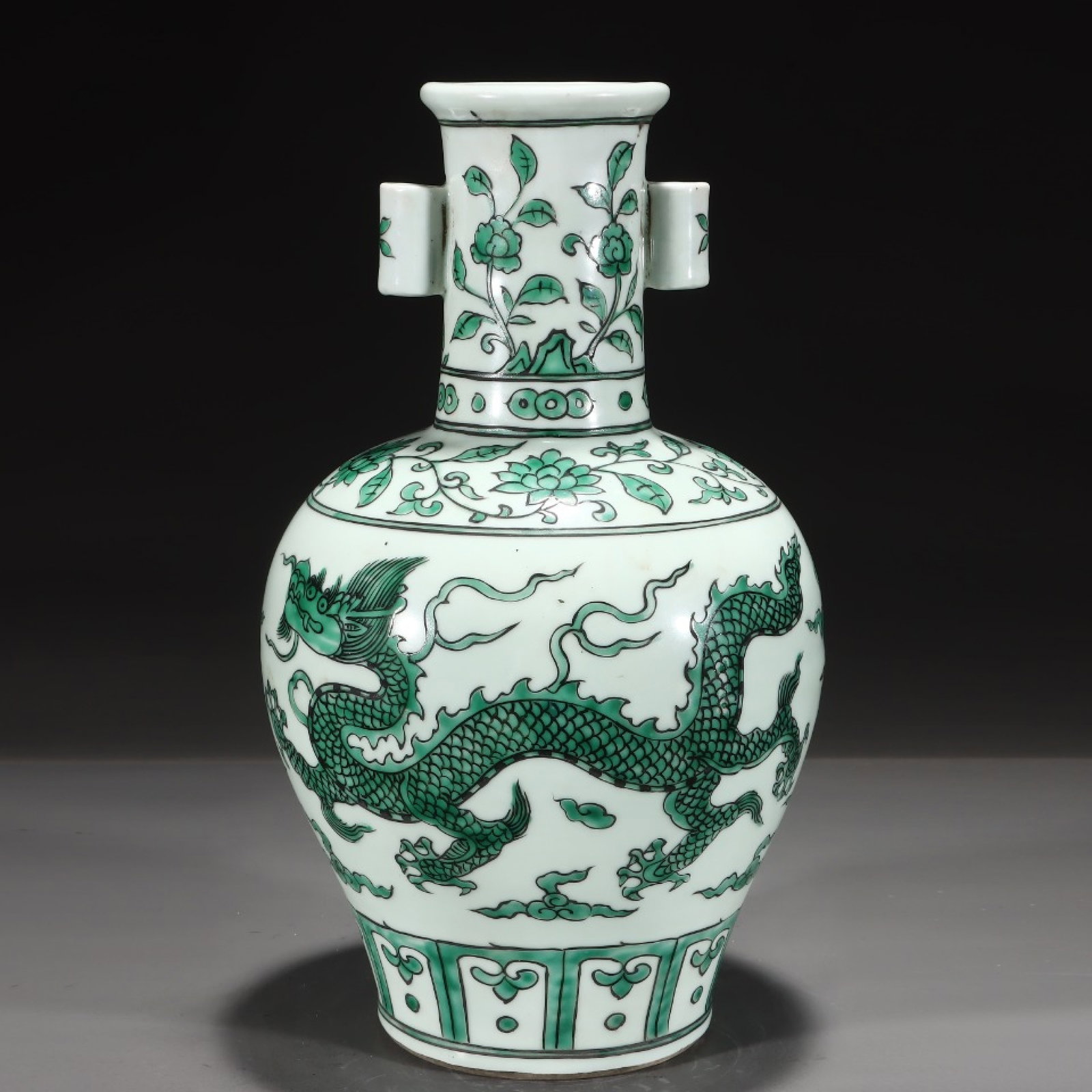 A Rare Green Color Lotus,Auspicious Cloud and Dragon Pattern Double-Ears Vase - 3