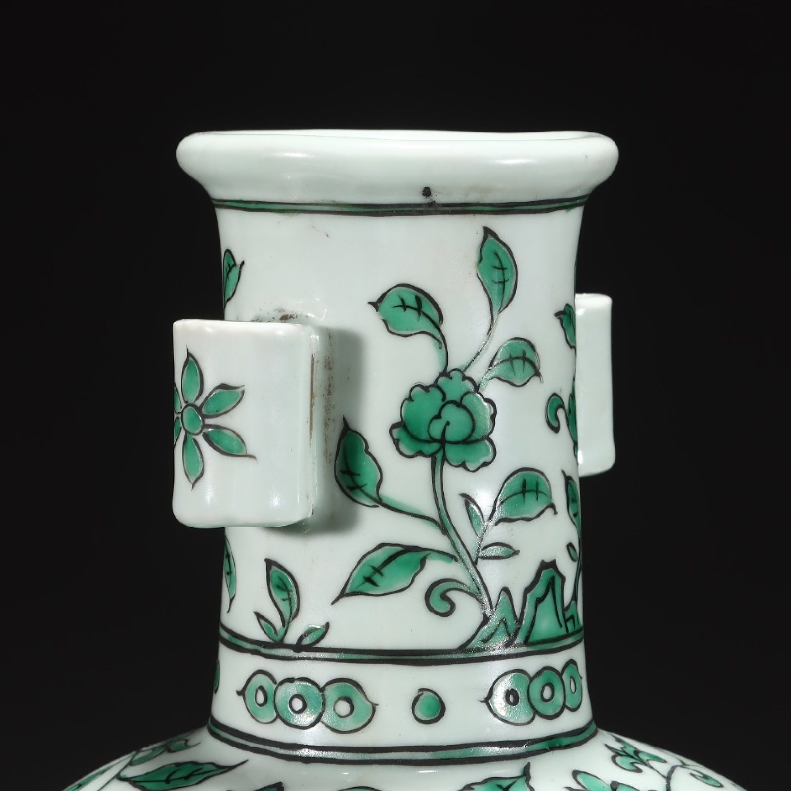 A Rare Green Color Lotus,Auspicious Cloud and Dragon Pattern Double-Ears Vase - 4
