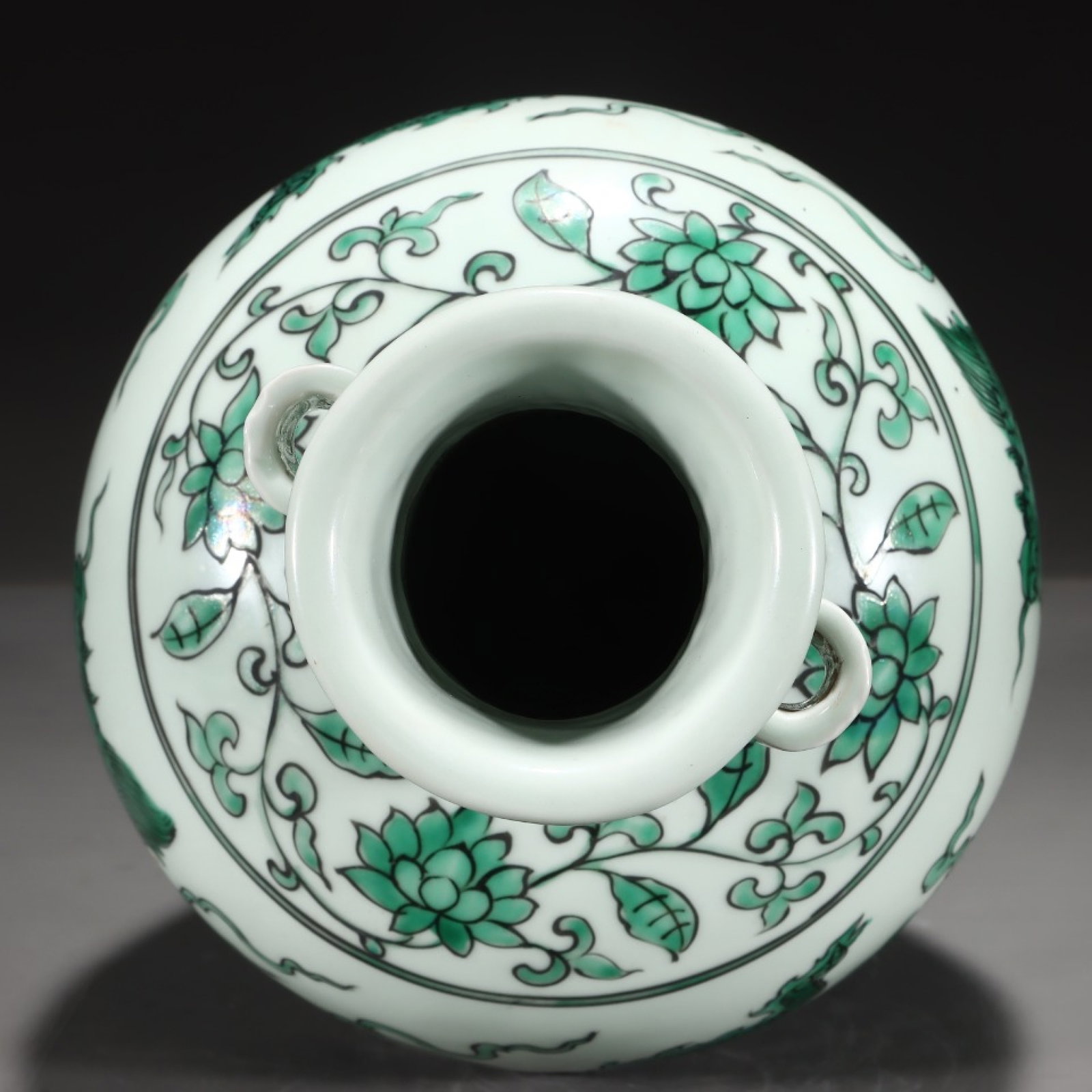 A Rare Green Color Lotus,Auspicious Cloud and Dragon Pattern Double-Ears Vase - 6