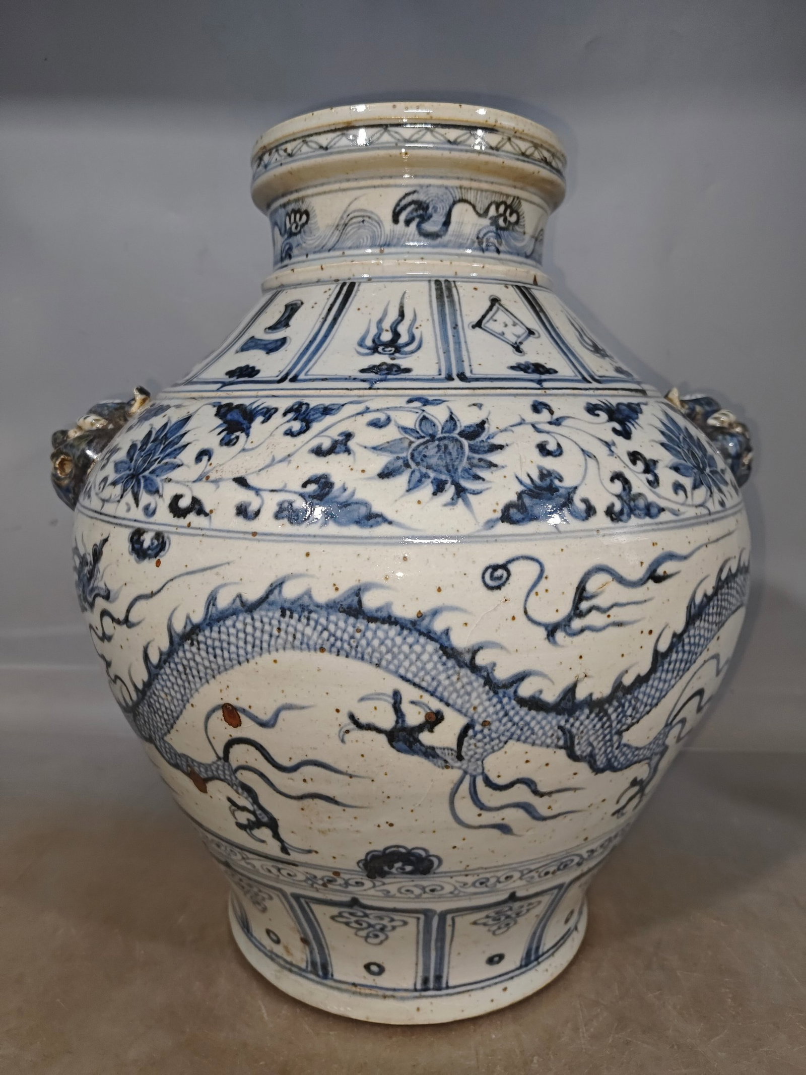 A Huge Blue and White Auspicious Cloud and Dragon Pattern Beast-Ears Vase - 2