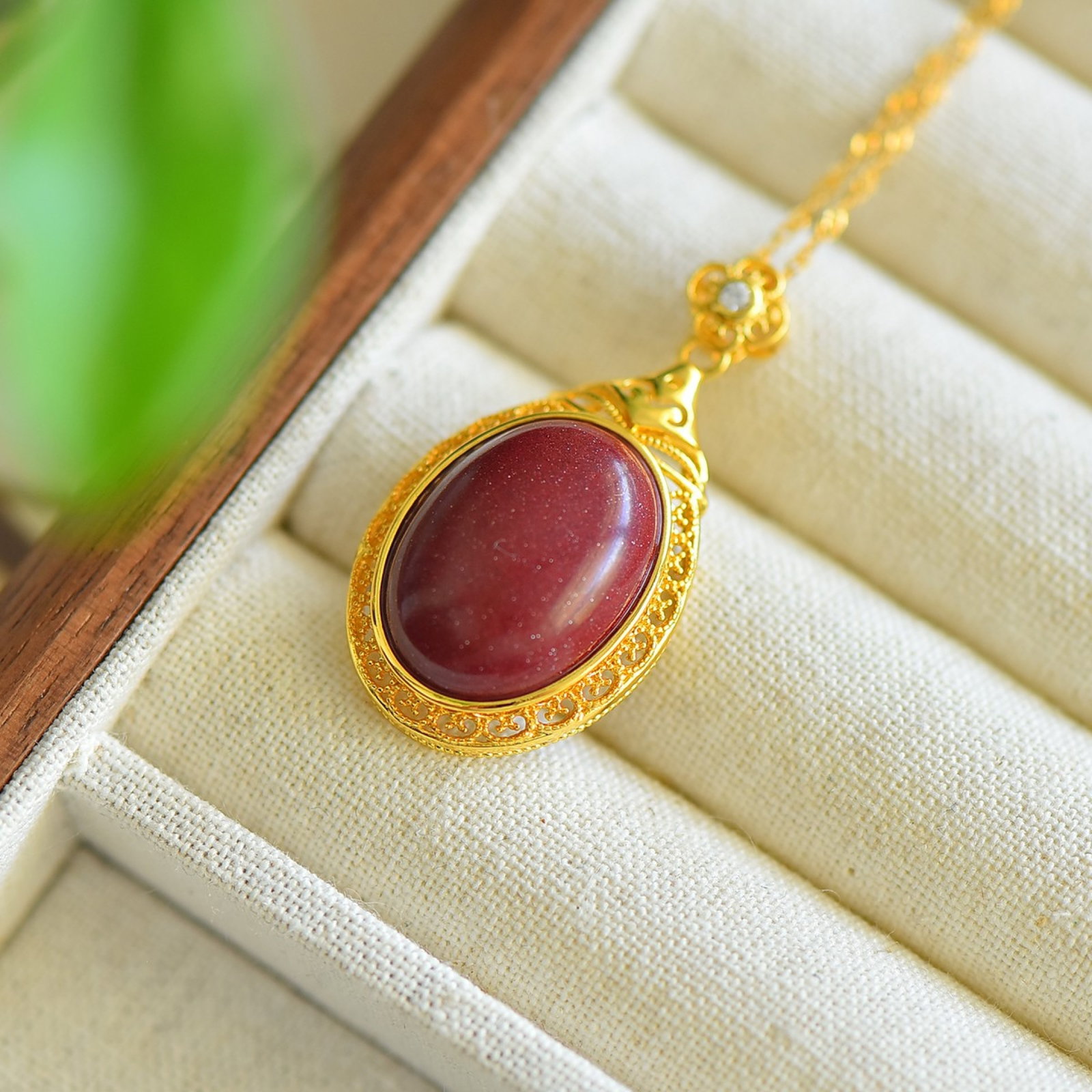An Exquisite Sterling Silver-Gold Plated Inlaid Cinnabar Pendant - 2
