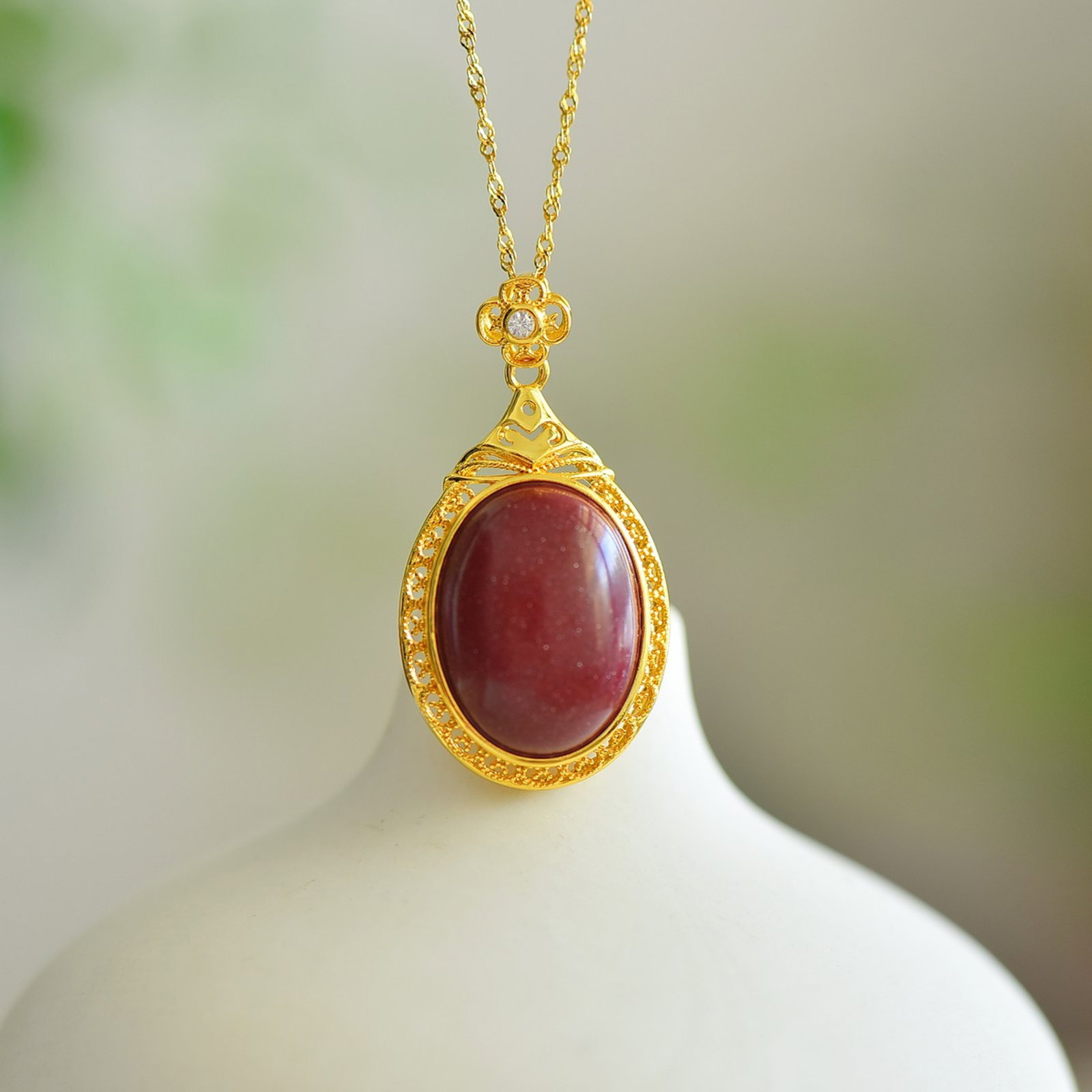 An Exquisite Sterling Silver-Gold Plated Inlaid Cinnabar Pendant - 4