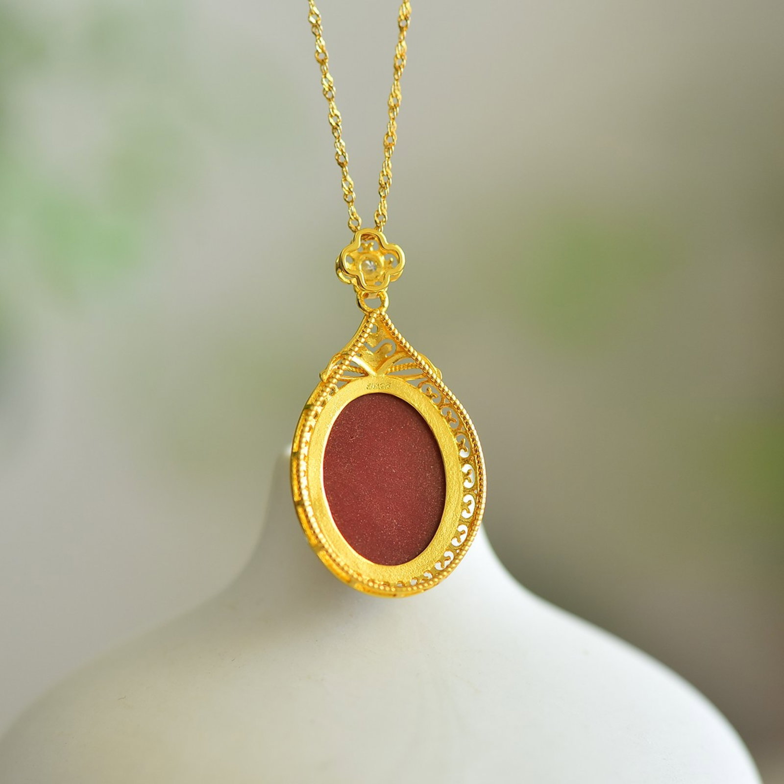 An Exquisite Sterling Silver-Gold Plated Inlaid Cinnabar Pendant - 5