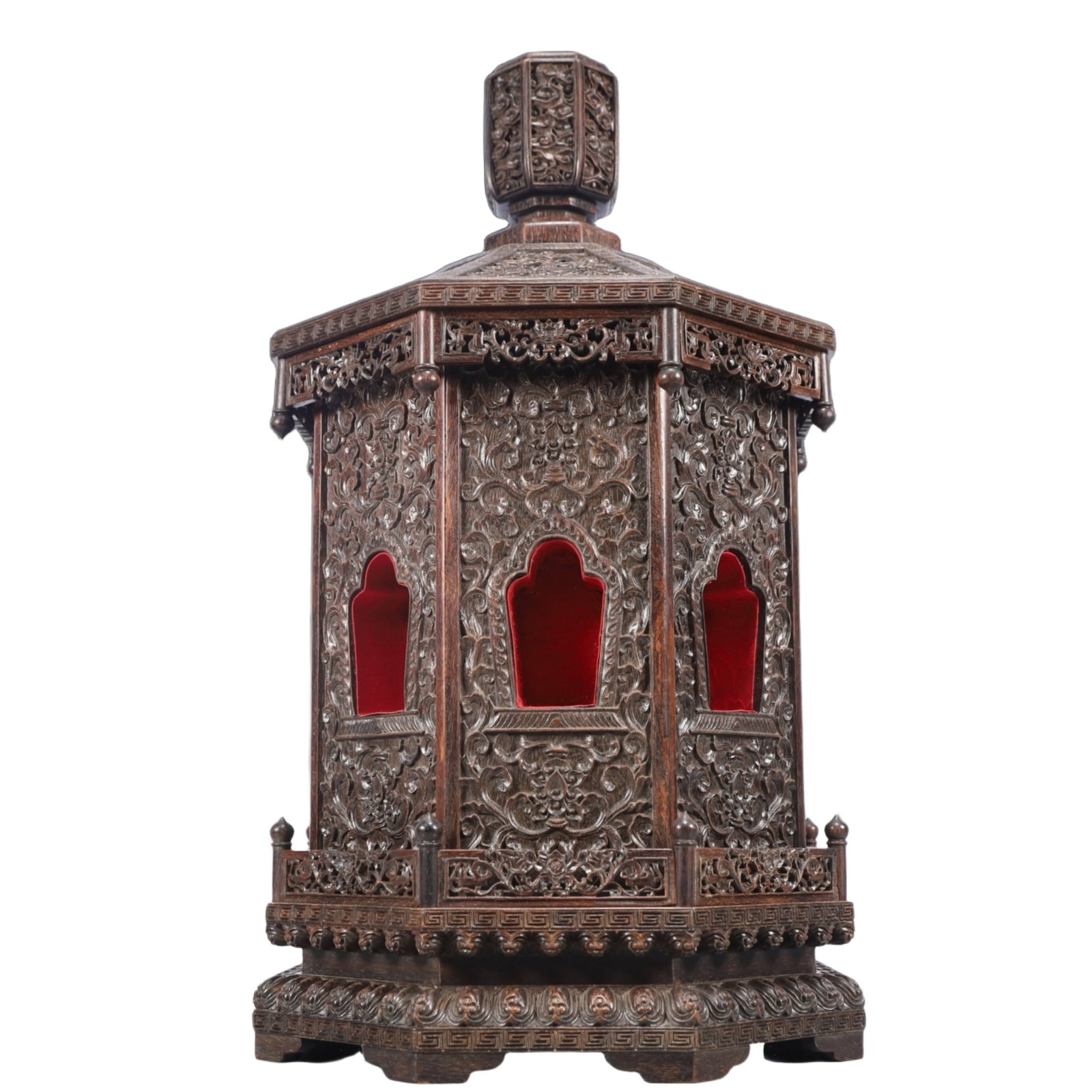 A Huge Zitanwood Lotus Pattern Niche: Estimated Value:20000-40000 A Huge Zitanwood Lotus Pattern Niche,Qing Dynasty, China,Size:11inx18.5in,Weight:6300g