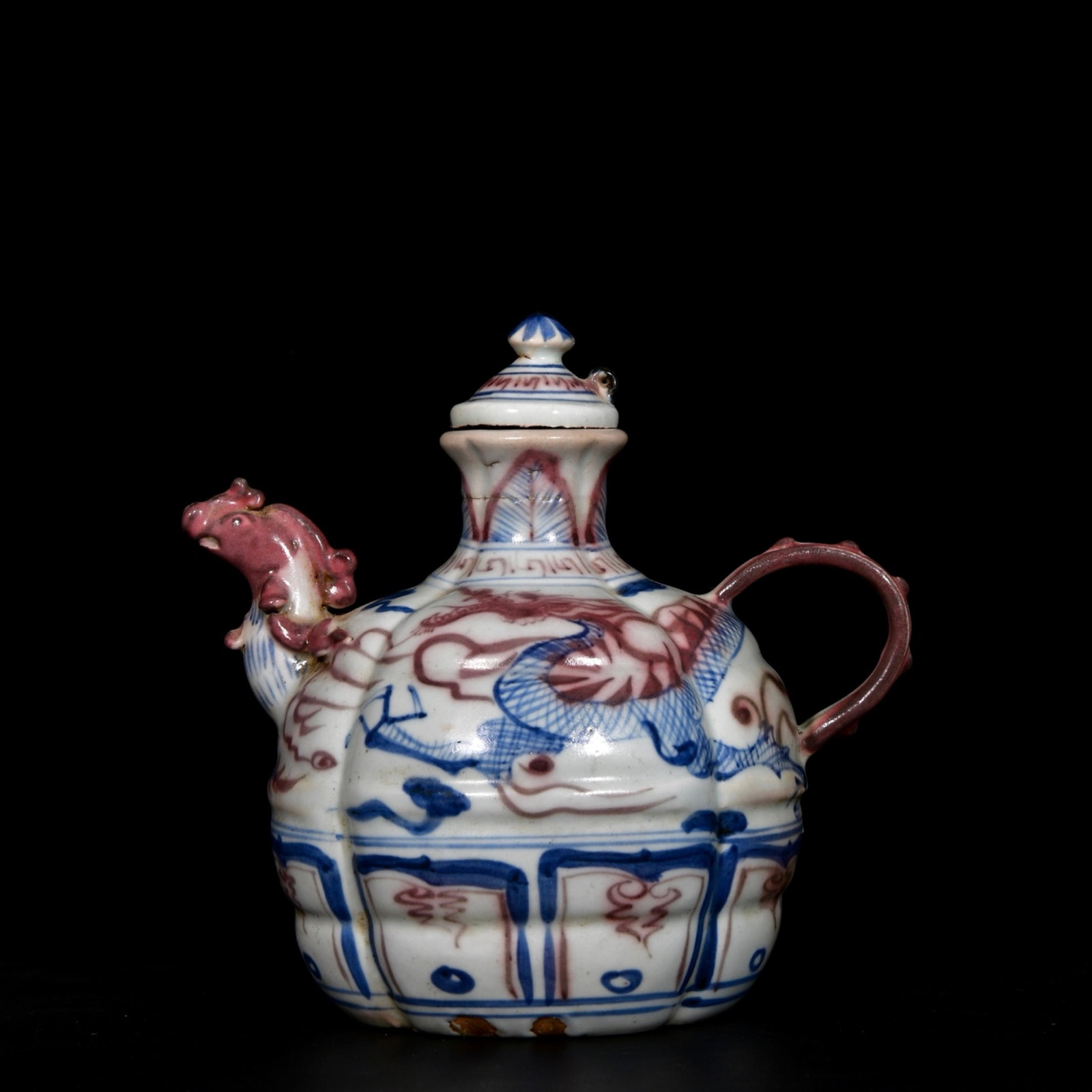 An Exquisite Blue and White Underglaze-Red Auspicious Cloud and Dragon Pattern Phoenix-head Ewer: Estimated Value:1300-2600 An Exquisite Blue and White Underglaze-Red Auspicious Cloud and Dragon Pattern Phoenix-head Ewer,Yuan Dynasty, China,Size:7.1inx7.1in