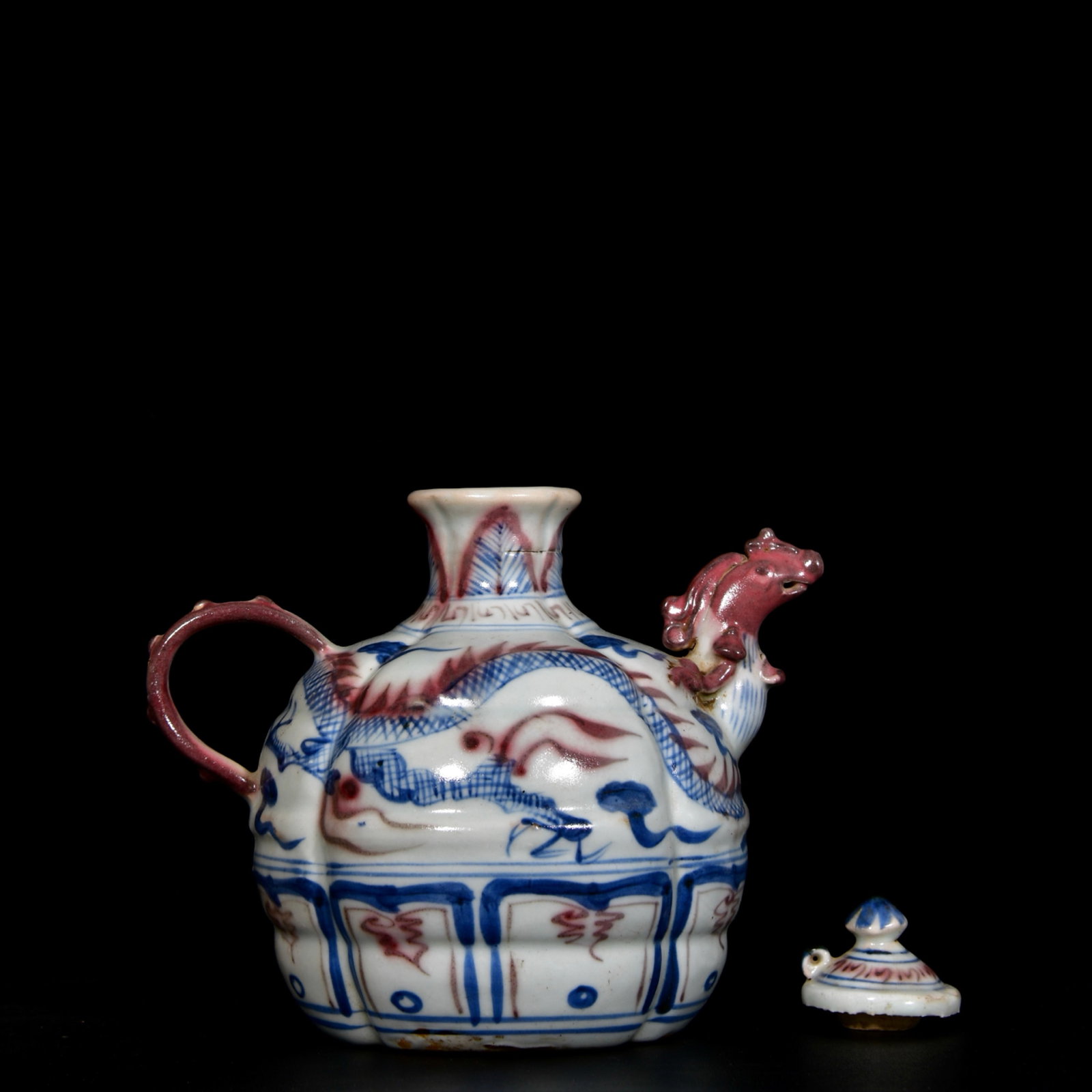 An Exquisite Blue and White Underglaze-Red Auspicious Cloud and Dragon Pattern Phoenix-head Ewer - 5