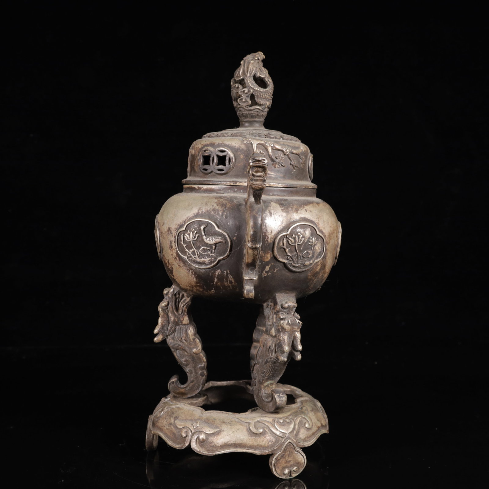 An Exquisite Silver-Plated Bronze Flower Pattern Dragon-Ears and Dragon Legs Censer - 12