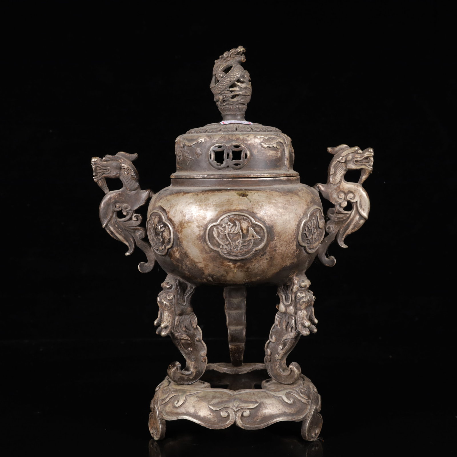 An Exquisite Silver-Plated Bronze Flower Pattern Dragon-Ears and Dragon Legs Censer: Estimated Value:2000-4000 An Exquisite Silver-Plated Bronze Flower Pattern Dragon-Ears and Dragon Legs Censer,Ming Dynasty,China,Xuande Four-Character Mark,Size:8.3inx5.1inx11.8in,Weight:1900g